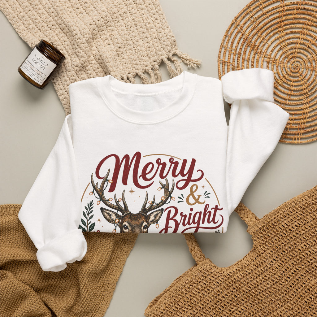 Merry & Bright Deer Sweatshirt, Christmas Reindeer Crewneck, Making Spirits Bright Shirt, Plaid Scarf Deer Sweater, Xmas Gift for Her