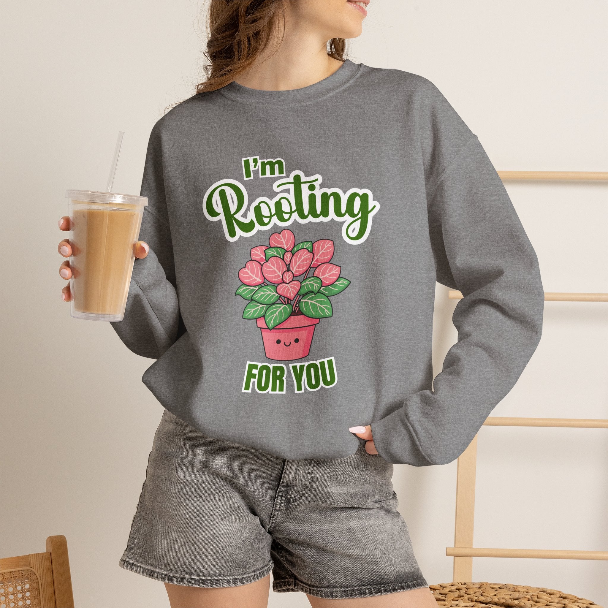 I'm Rooting For You Sweatshirt, Cute Plant Pun Crewneck, Encouragement Gift, Pink Heart Flower Shirt, Plant Lover Gift, Sand Sweatshirt