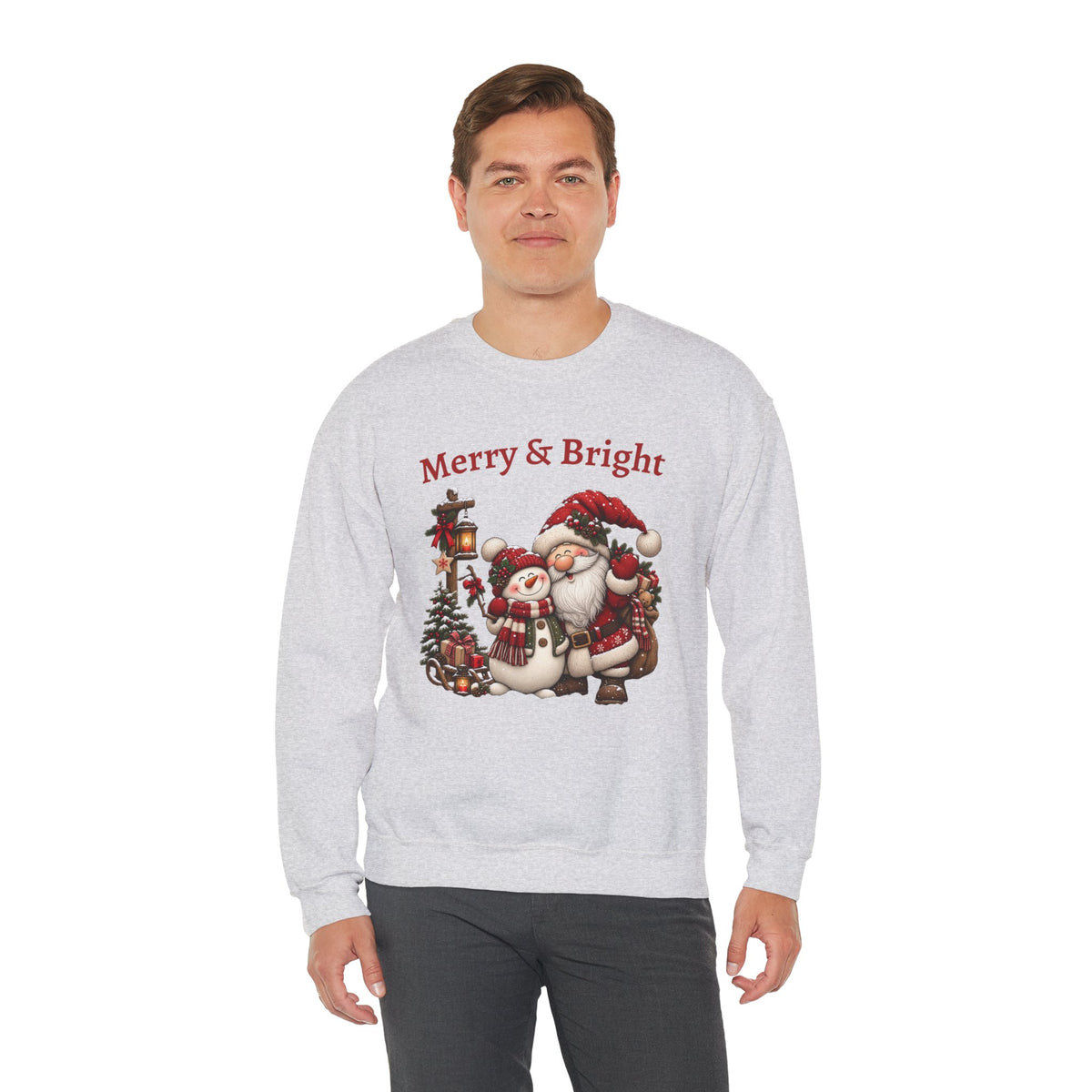 Merry & Bright Sweatshirt, Santa Snowman Christmas Shirt, Vintage Holiday Crewneck, Festive Christmas Tee, Xmas Gift Sweatshirt for Her