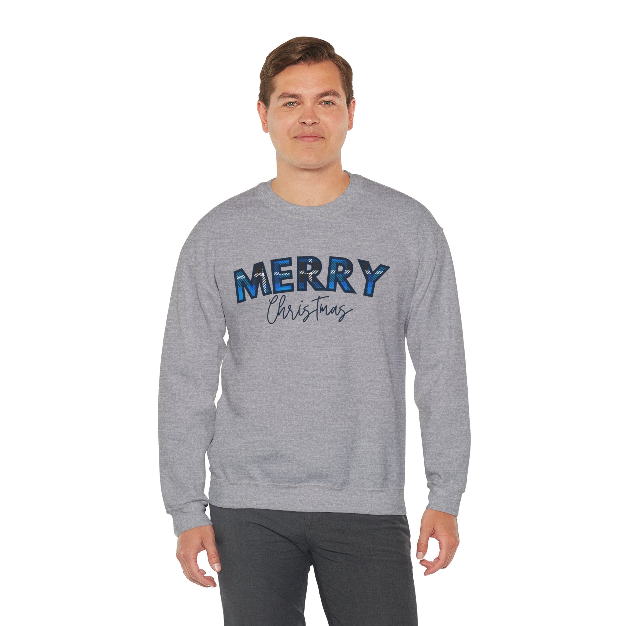 Merry Christmas Blue Plaid Sweatshirt | Buffalo Check Christmas Shirt | Winter Holiday Crewneck | Xmas Gift for Her | Cozy Christmas Top