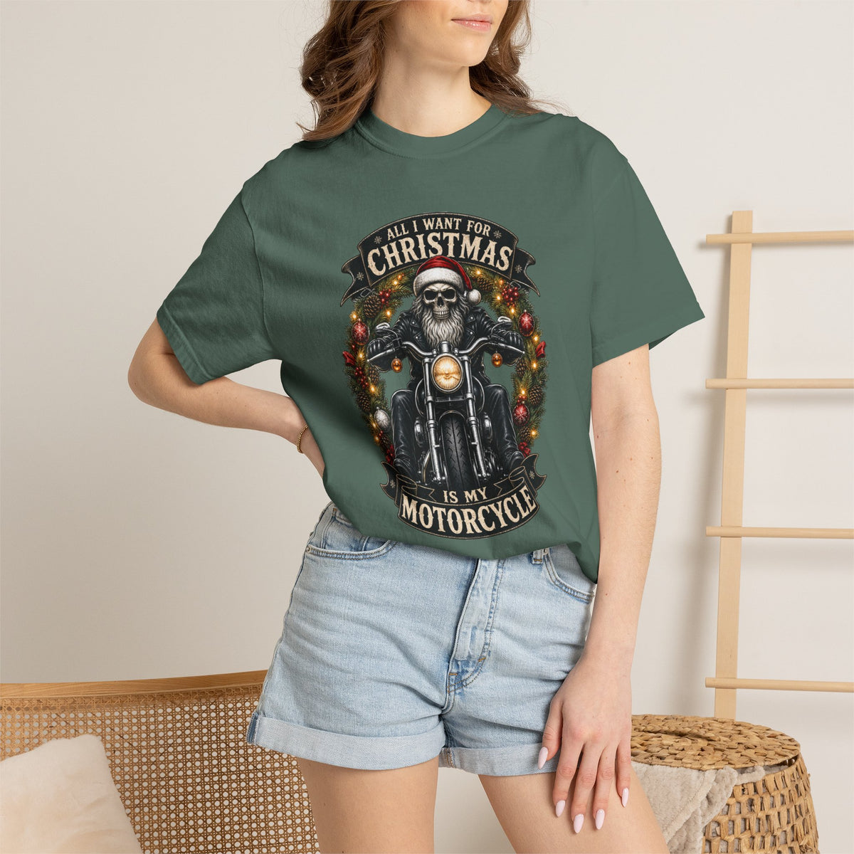 Comfort Colors Skeleton Biker Christmas T-shirt, All I Want for Christmas Is My Motorcycle Shirt, Santa Skull Motorcycle Top, Gift for Biker