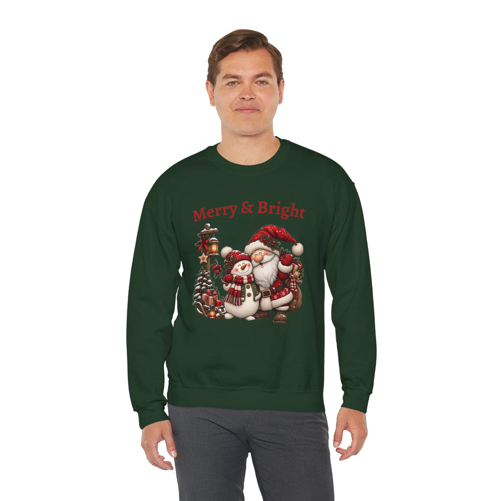 Merry & Bright Sweatshirt, Santa Snowman Christmas Shirt, Vintage Holiday Crewneck, Festive Christmas Tee, Xmas Gift Sweatshirt for Her