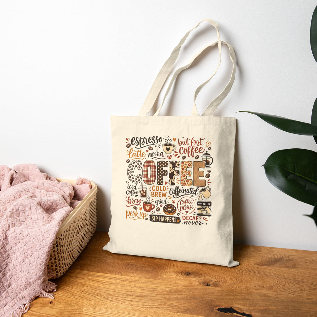 Coffee Typography Tote Bag, Coffee Lover Canvas Tote, Espresso Latte Cafe Design, Cute Coffee Bag Gift, Boho Coffee Tote for Her
