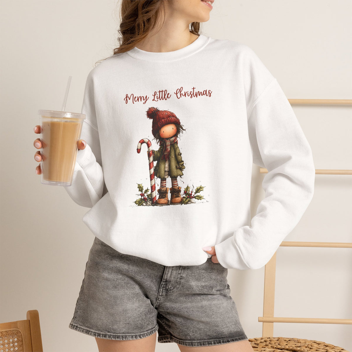 Merry Little Christmas Sweatshirt, Whimsical Girl Candy Cane Shirt, Cute Holiday Crewneck, Christmas Girl Tee, Xmas Gift Sweatshirt for Her