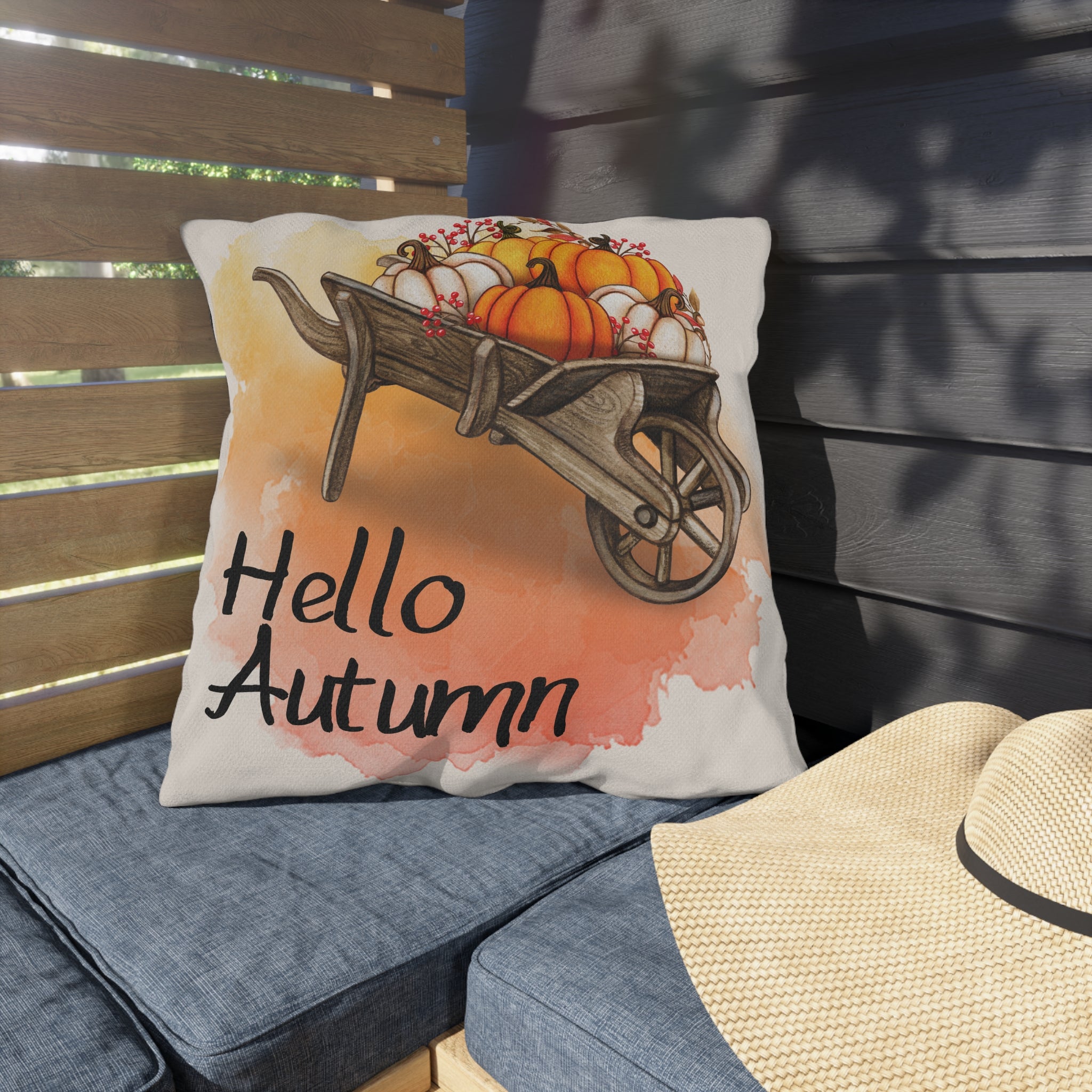 Hello Autumn Pillow Cover Pumpkin Wheelbarrow Fall Throw Pillow Watercolor Sunset Farmhouse Home Decor Thanksgiving Housewarming Gift