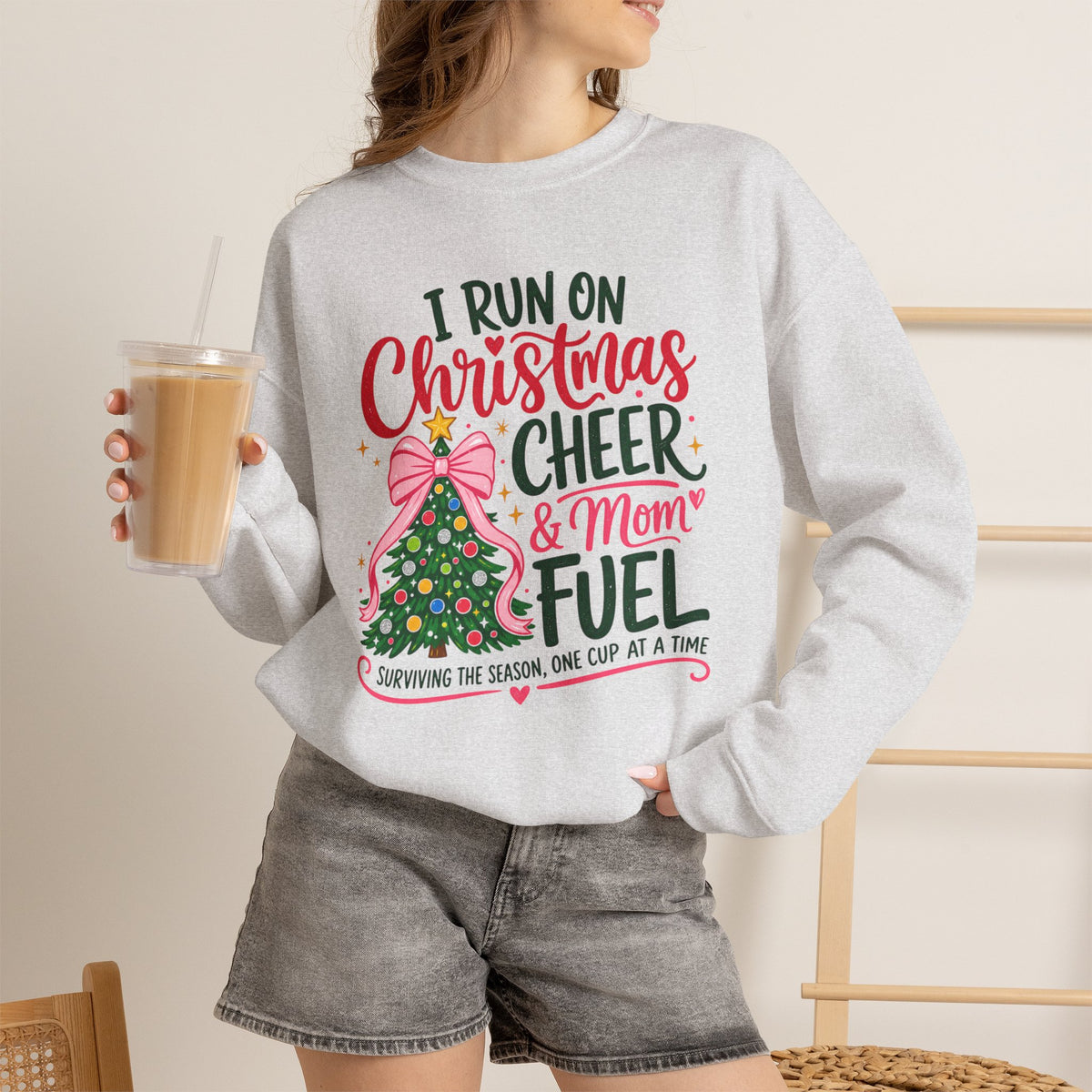 Christmas Mom Sweatshirt, I Run On Christmas Cheer And Mom Fuel, Funny Holiday Shirt, Coffee Lover Mom Gift, Xmas Tree Crewneck