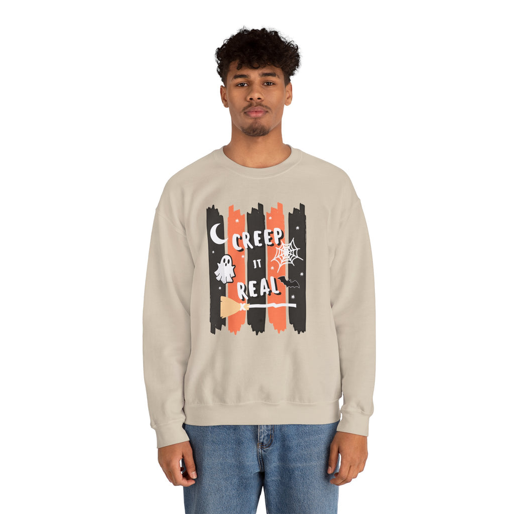 Creep It Real Halloween Sweatshirt, Funny Ghost Bat Spiderweb Crewneck, Orange Black Stripe Halloween Shirt, Cute Fall Pullover Women Gift