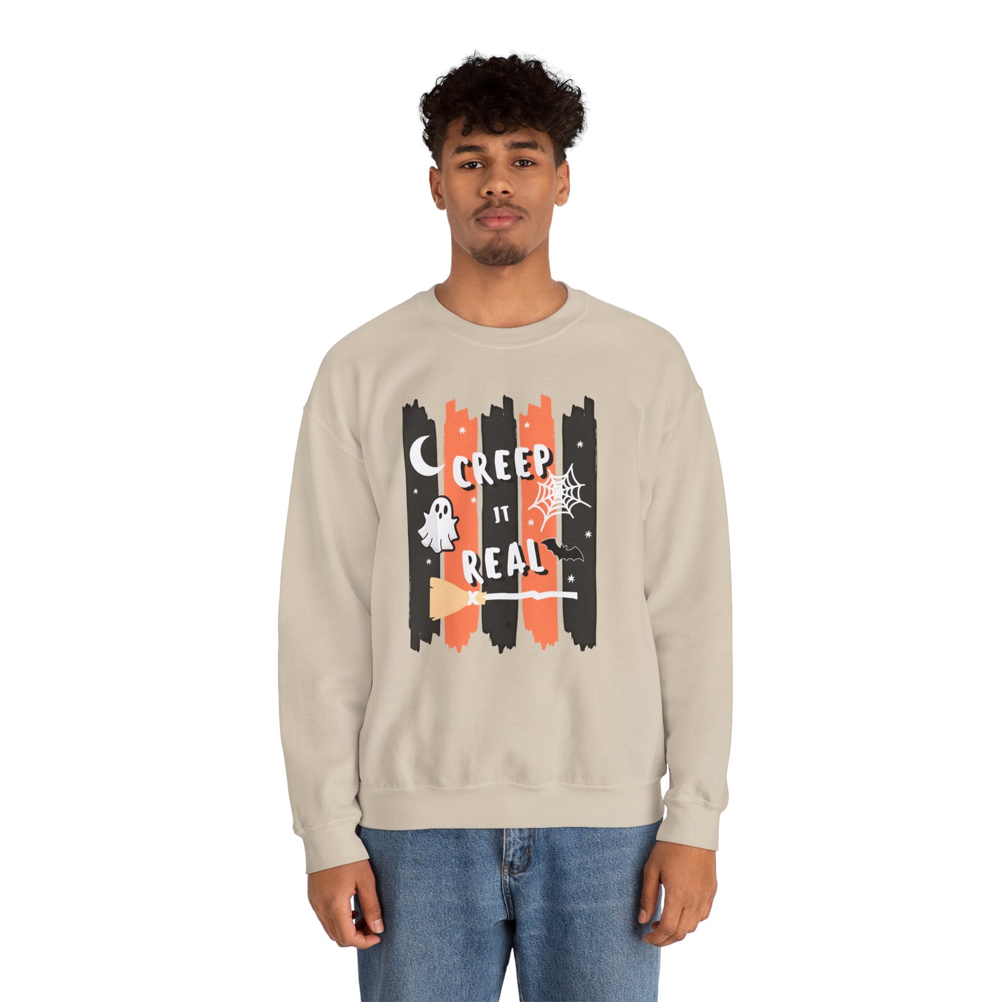 Creep It Real Halloween Sweatshirt, Funny Ghost Bat Spiderweb Crewneck, Orange Black Stripe Halloween Shirt, Cute Fall Pullover Women Gift