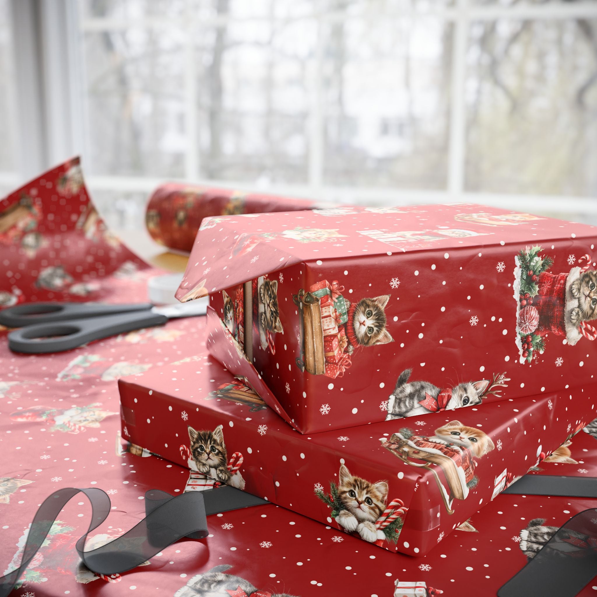Christmas Cat Wrapping Paper, Red Kitten Gift Wrap, Cute Cat Lover Holiday Wrap, Vintage Christmas Kitty Wrapping Paper