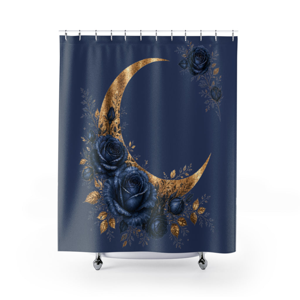 Navy Blue Gold Moon Shower Curtain, Celestial Rose Bathroom Decor, Moody Floral Crescent Moon Bath Curtain, Elegant Boho Home Gift