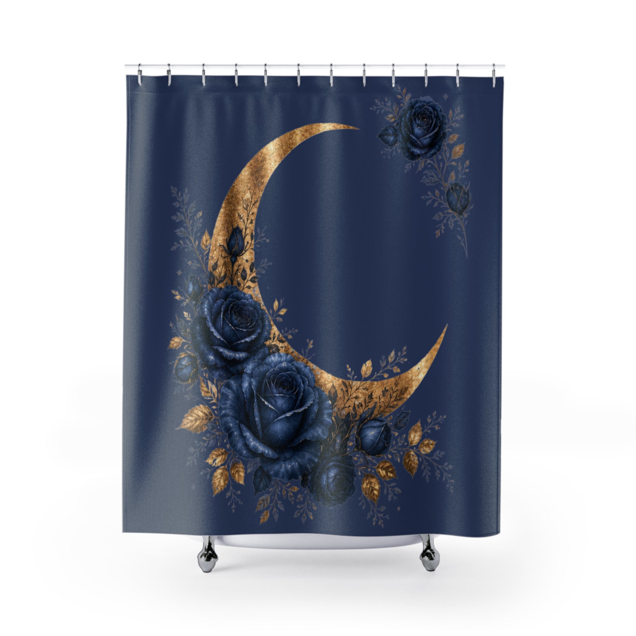 Navy Blue Gold Moon Shower Curtain, Celestial Rose Bathroom Decor, Moody Floral Crescent Moon Bath Curtain, Elegant Boho Home Gift