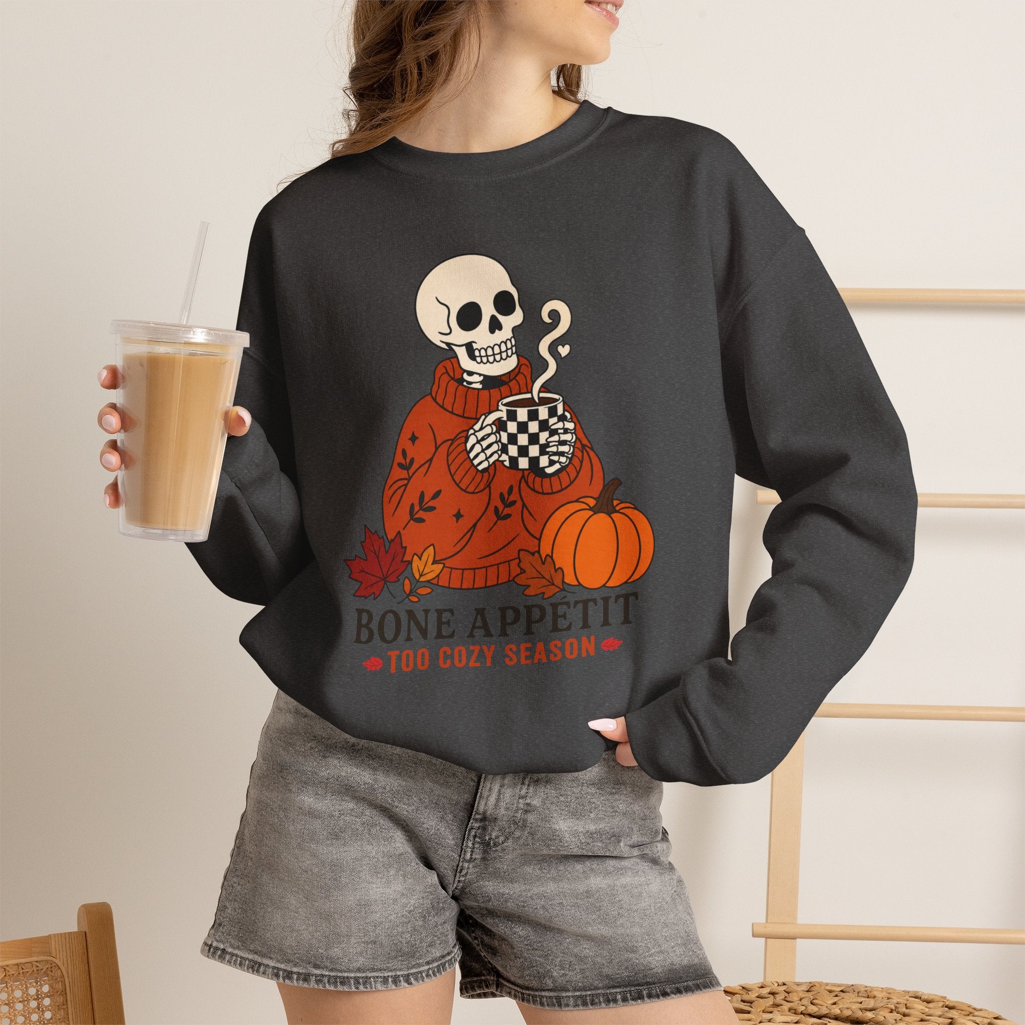 Bone Appetit Sweatshirt, Funny Skeleton Coffee Sweatshirt, Cozy Season Fall Sweater, Halloween Pumpkin Shirt, Skeleton Latte Sweatshirt