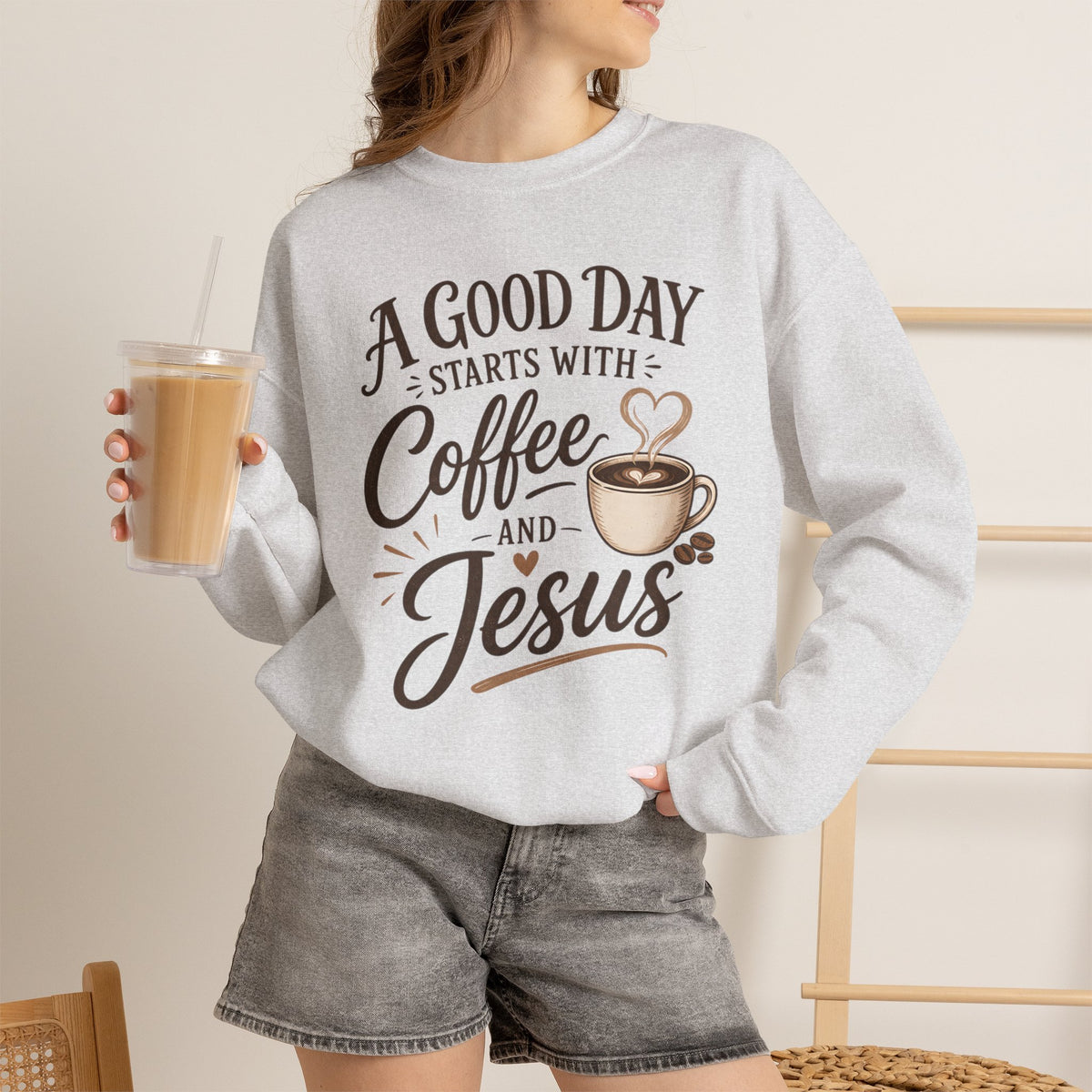 A Good Day Starts with Coffee and Jesus Shirt, Christian Coffee Sweatshirt, Faith Based Top, Religious Coffee Lover Gift, Women's Christian