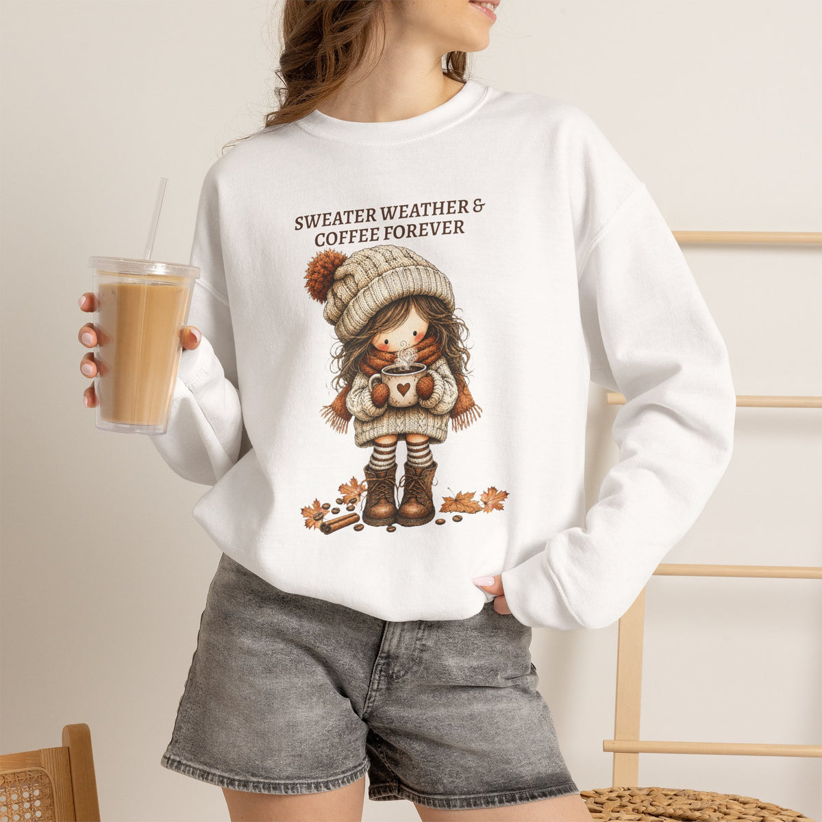 Sweater Weather & Coffee Forever Sweatshirt, Fall Girl Coffee Cup Shirt, Cozy Autumn Crewneck, Cute Boho Fall Vibes Tee, Coffee Lover Gift