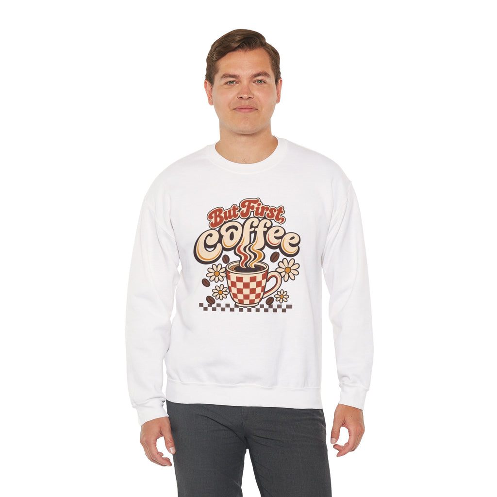 But First Coffee Shirt, Retro Checkered Mug Daisy Sweatshirt, Groovy Coffee Lover Tee, Trendy Coffee Shirt, Retro Floral Coffee Gift Shirt