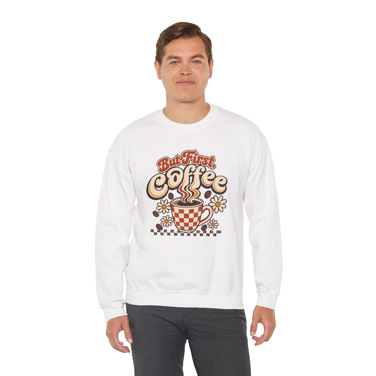 But First Coffee Shirt, Retro Checkered Mug Daisy Sweatshirt, Groovy Coffee Lover Tee, Trendy Coffee Shirt, Retro Floral Coffee Gift Shirt