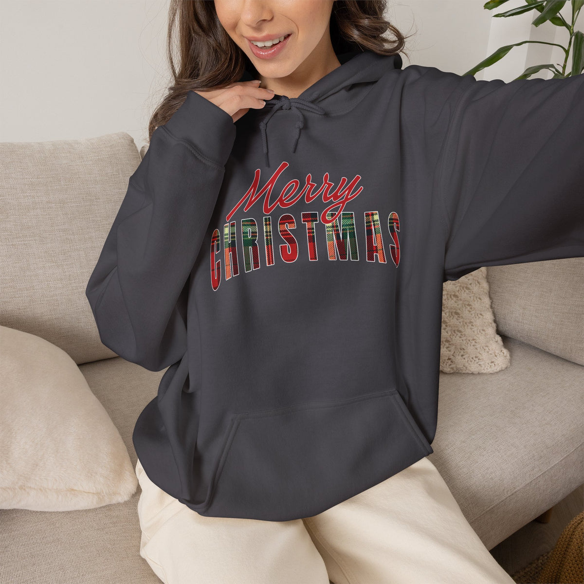 Merry Christmas Hoodie, Plaid Christmas Sweatshirt, Buffalo Plaid Holiday Hoodie, Cozy Xmas Pullover Hoodie, Women's Christmas Gift for Her
