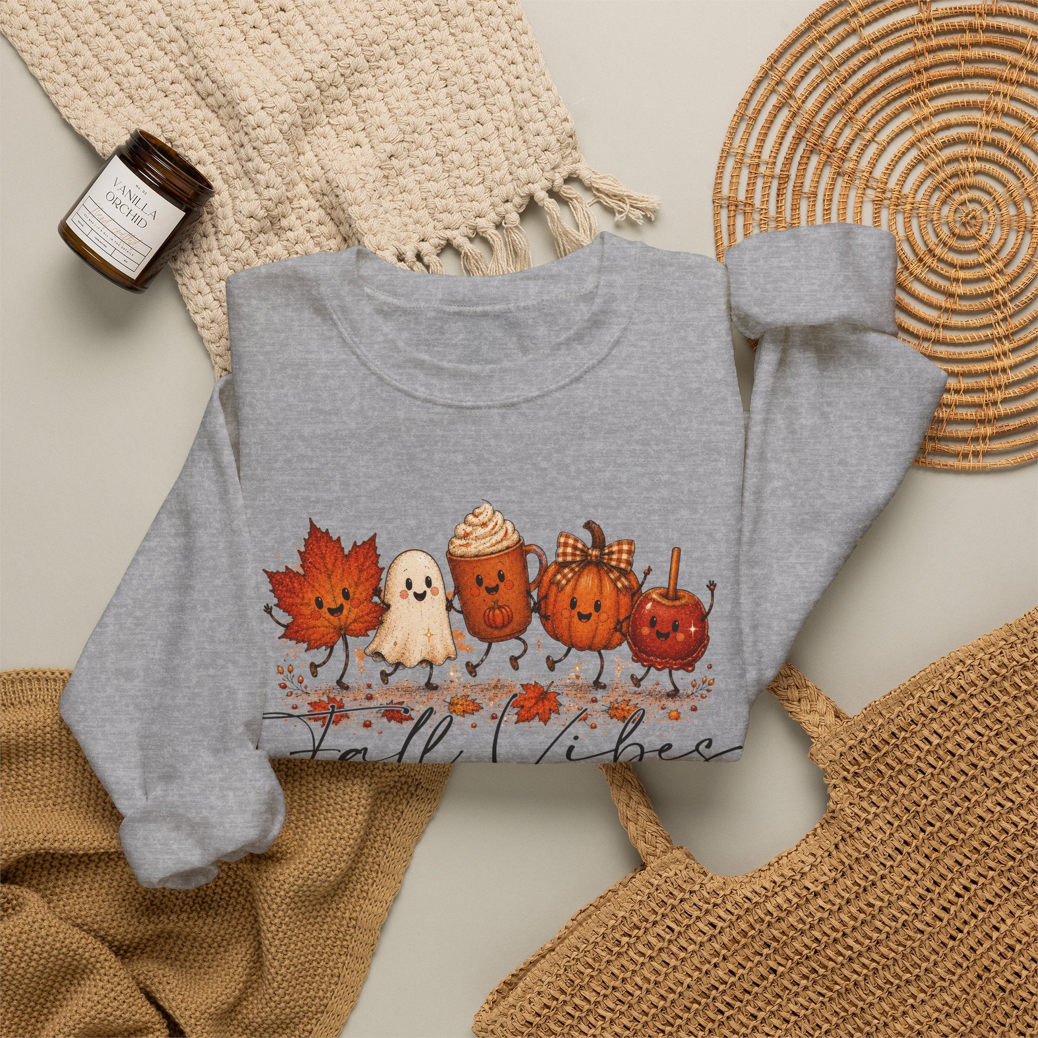 Fall Vibes Sweatshirt, Cute Autumn Characters Crewneck, Pumpkin Spice Latte Ghost Leaf Sweater, Kawaii Fall Shirt, Halloween Autumn Top