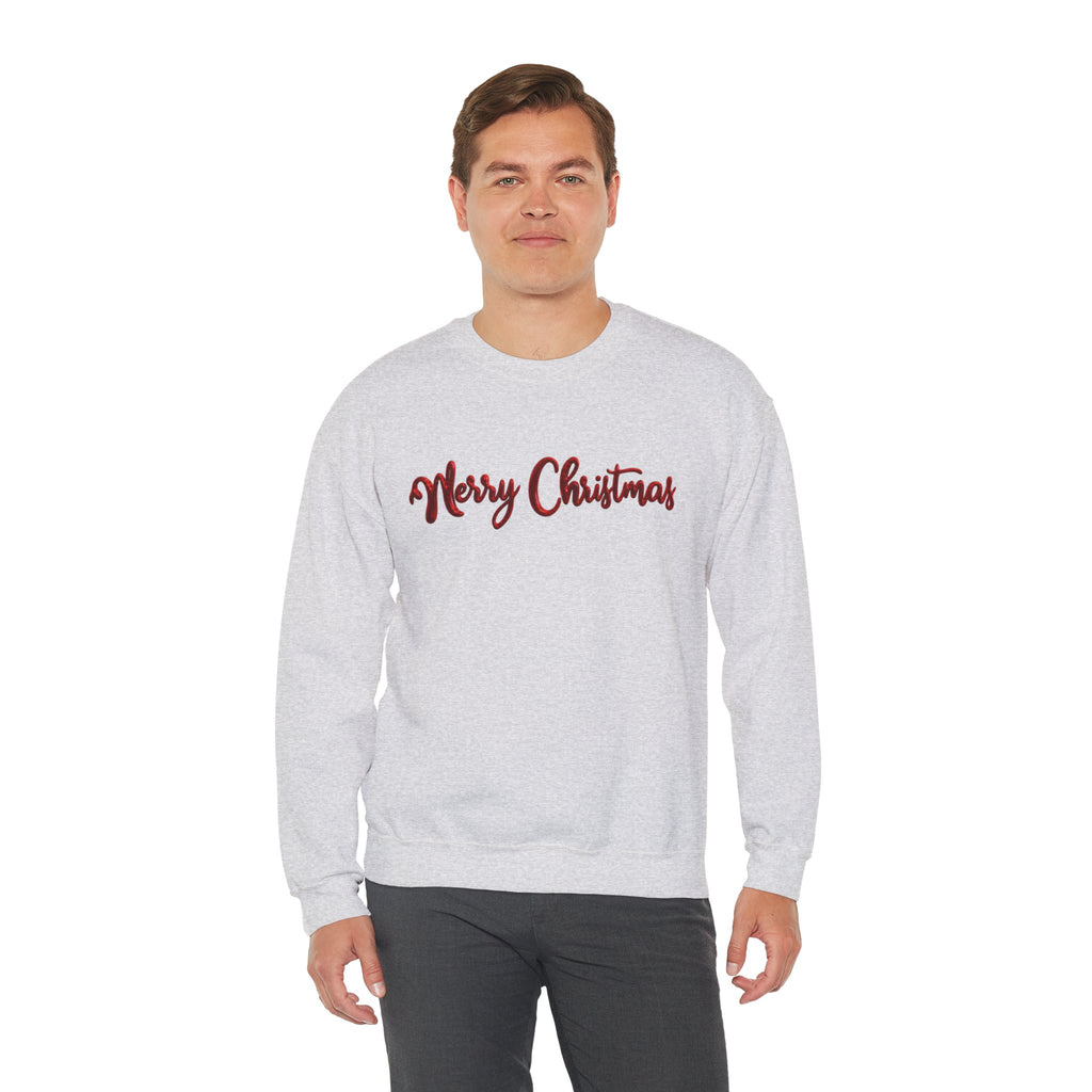 Merry Christmas Sweatshirt, Green Crewneck with Red Metallic Script Font, Christmas Shirt, Holiday Sweater, Xmas Gift for Her, Gift for Him
