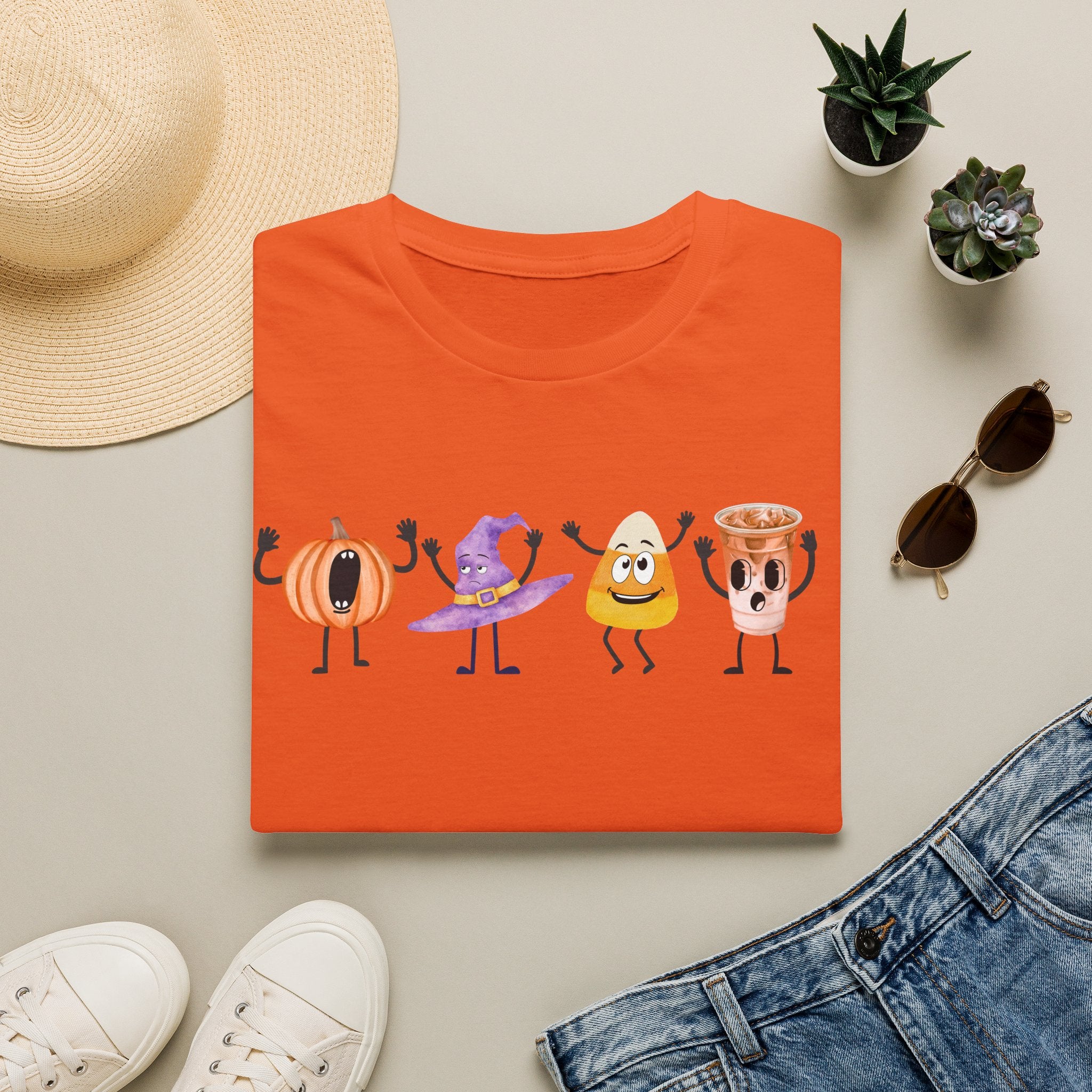 Halloween Women T-shirt Dancing Pumpkin Candy Corn Witch Hat Iced Coffee Crewneck Fall Fun Cute Halloween Party Shirt Gift