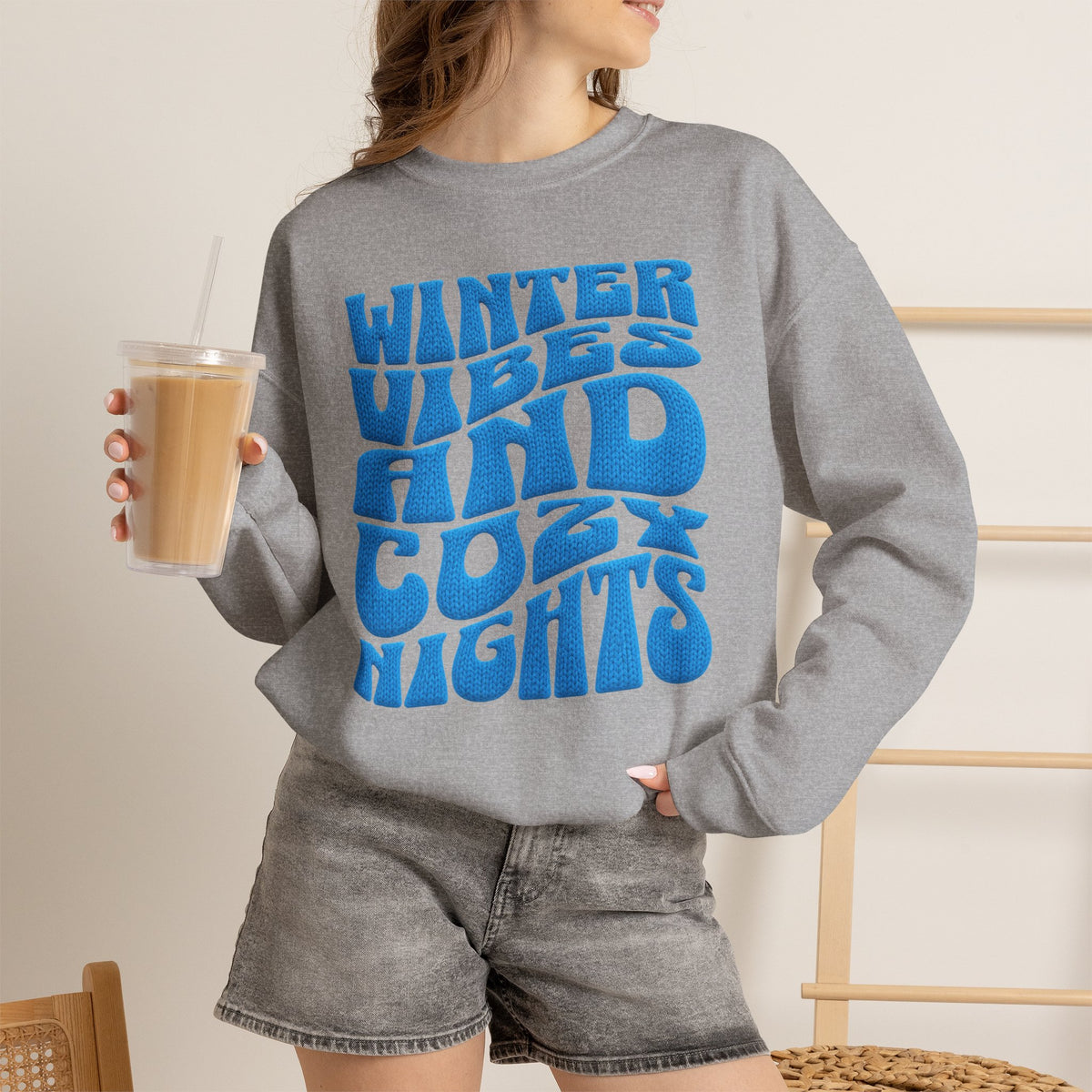 Winter Vibes And Cozy Nights Sweatshirt, Retro Wavy Bubble Letter Sweatshirt, Winter Quote Crewneck, Cozy Season Sweater, Trendy Winter Top