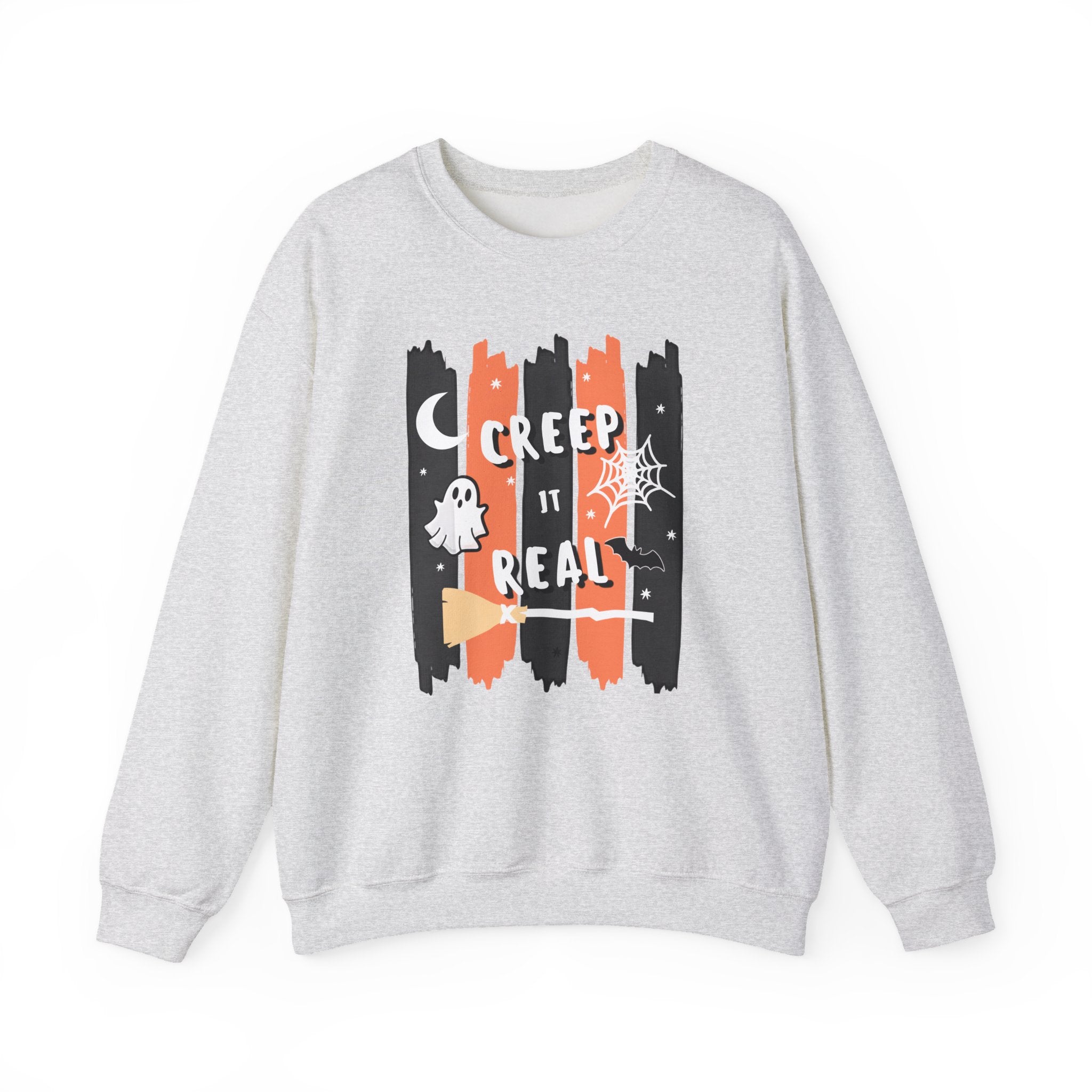Creep It Real Halloween Sweatshirt, Funny Ghost Bat Spiderweb Crewneck, Orange Black Stripe Halloween Shirt, Cute Fall Pullover Women Gift