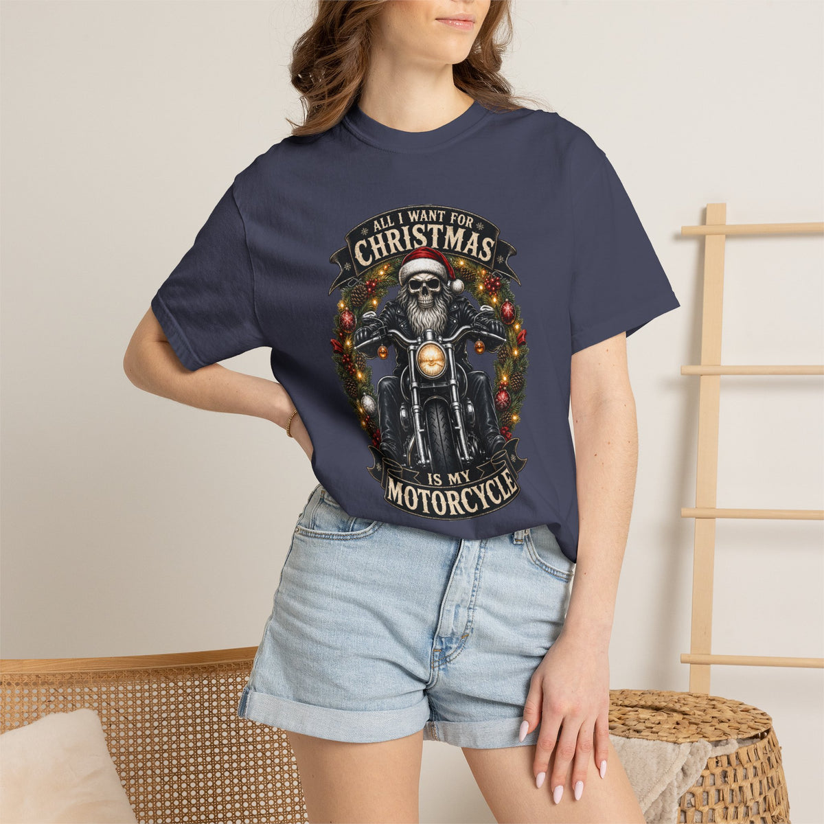 Comfort Colors Skeleton Biker Christmas T-shirt, All I Want for Christmas Is My Motorcycle Shirt, Santa Skull Motorcycle Top, Gift for Biker
