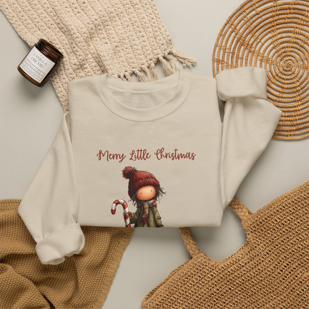 Merry Little Christmas Sweatshirt, Whimsical Girl Candy Cane Shirt, Cute Holiday Crewneck, Christmas Girl Tee, Xmas Gift Sweatshirt for Her