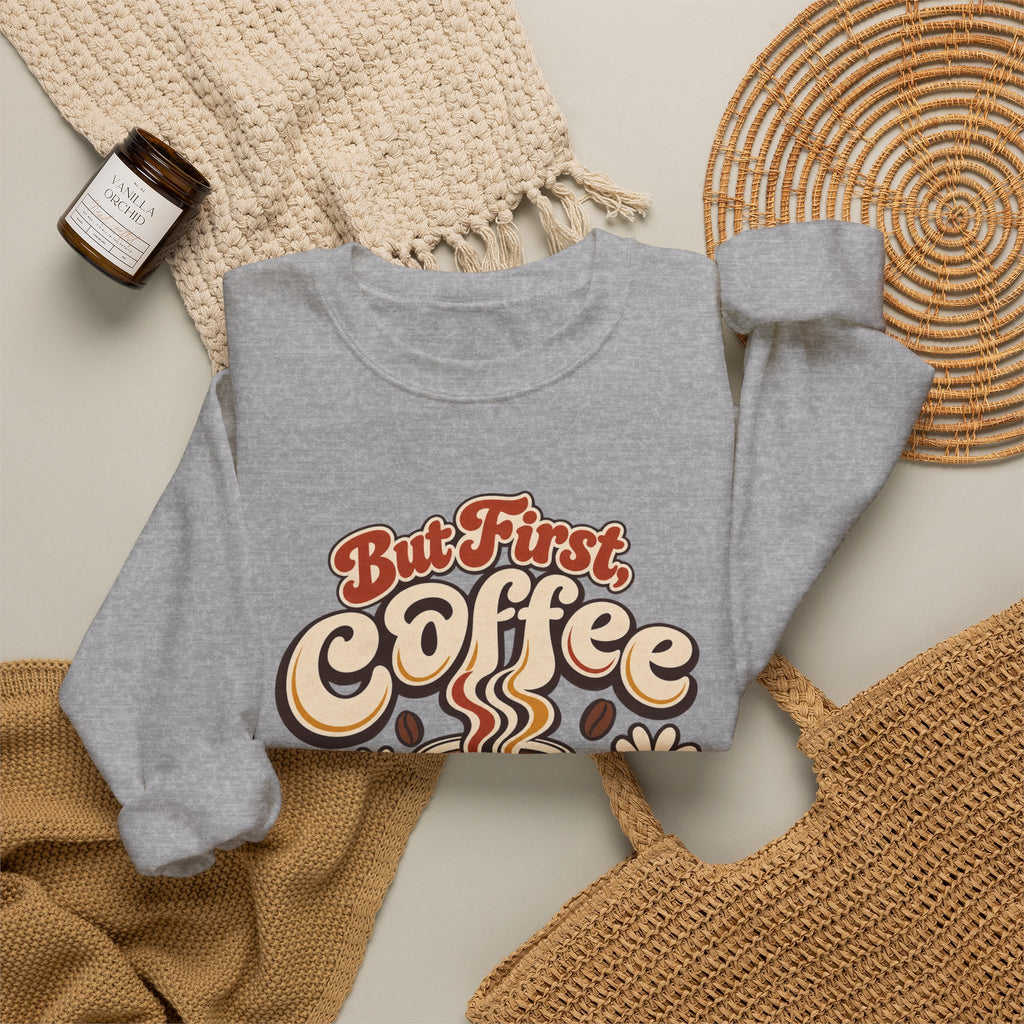 But First Coffee Shirt, Retro Checkered Mug Daisy Sweatshirt, Groovy Coffee Lover Tee, Trendy Coffee Shirt, Retro Floral Coffee Gift Shirt