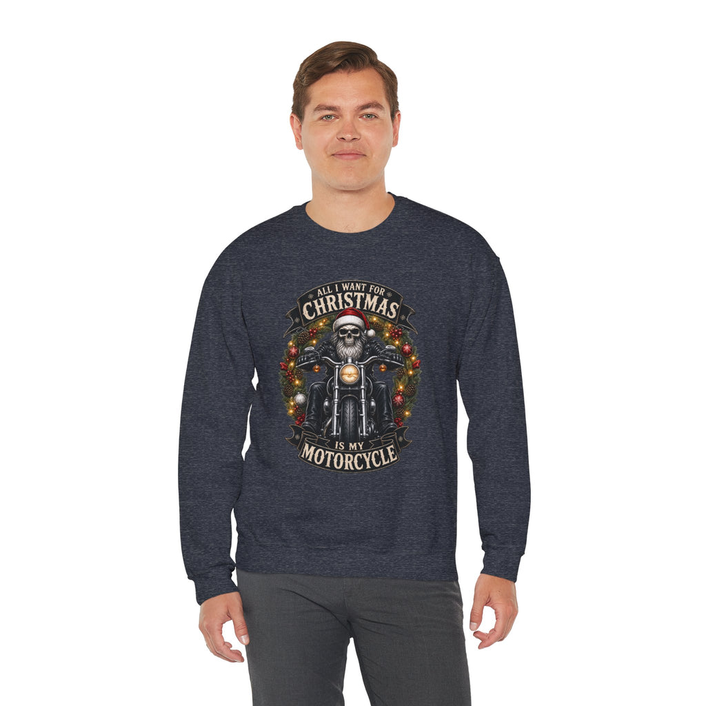 Skeleton Biker Christmas Sweatshirt, All I Want For Christmas Is My Motorcycle Shirt, Funny Biker Xmas Gift, Santa Skull Motorcycle Sweater