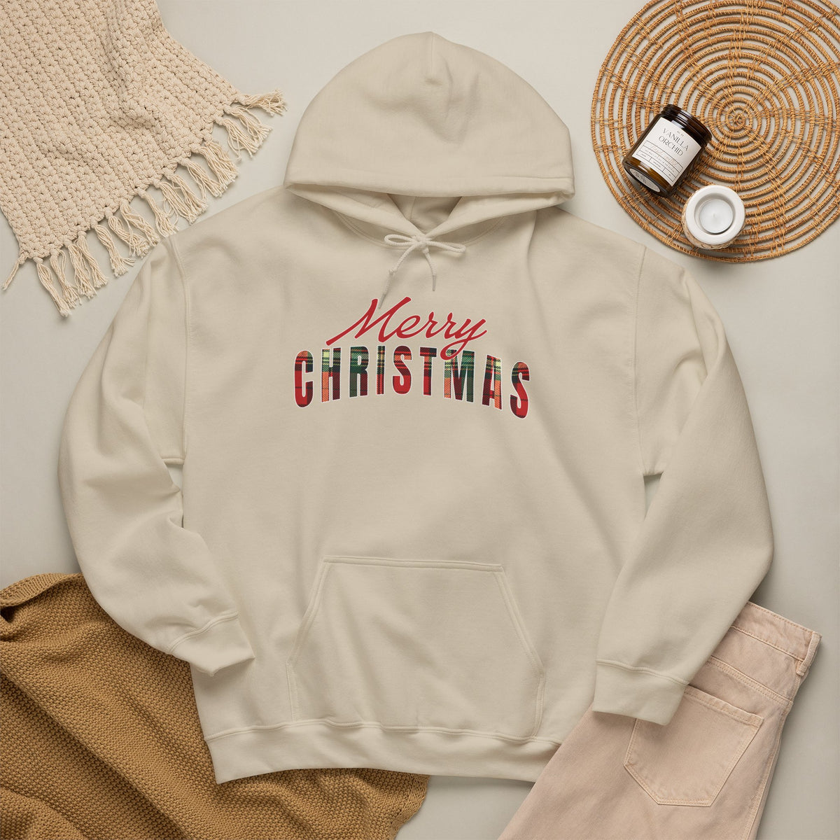 Merry Christmas Hoodie, Plaid Christmas Sweatshirt, Buffalo Plaid Holiday Hoodie, Cozy Xmas Pullover Hoodie, Women's Christmas Gift for Her