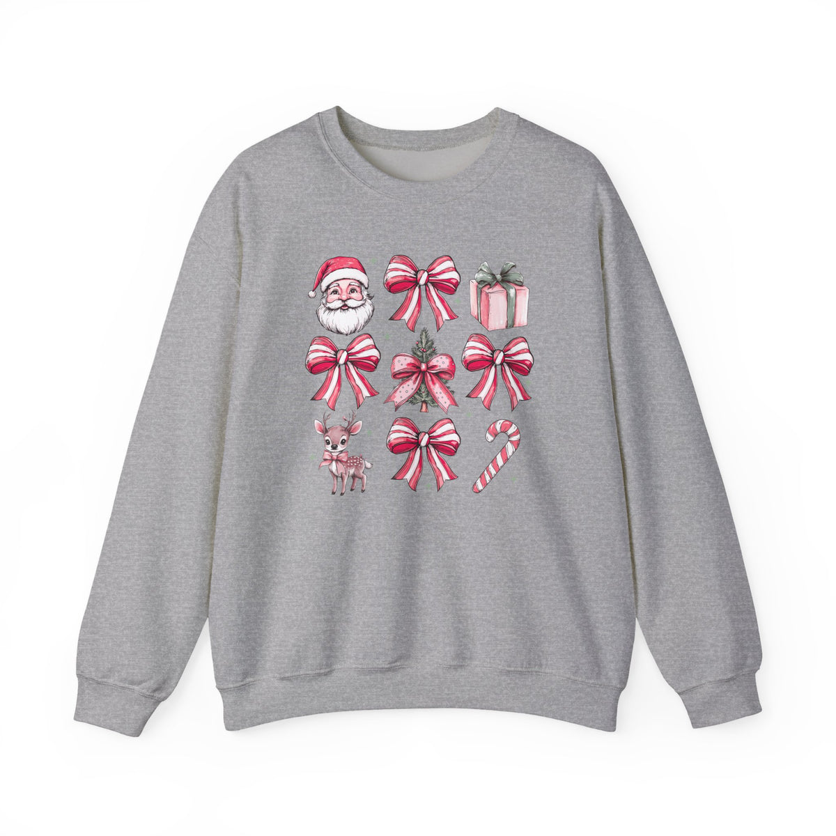 Pink Christmas bows and icons Crewneck Sweatshirt | Santa, reindeer, candy cane