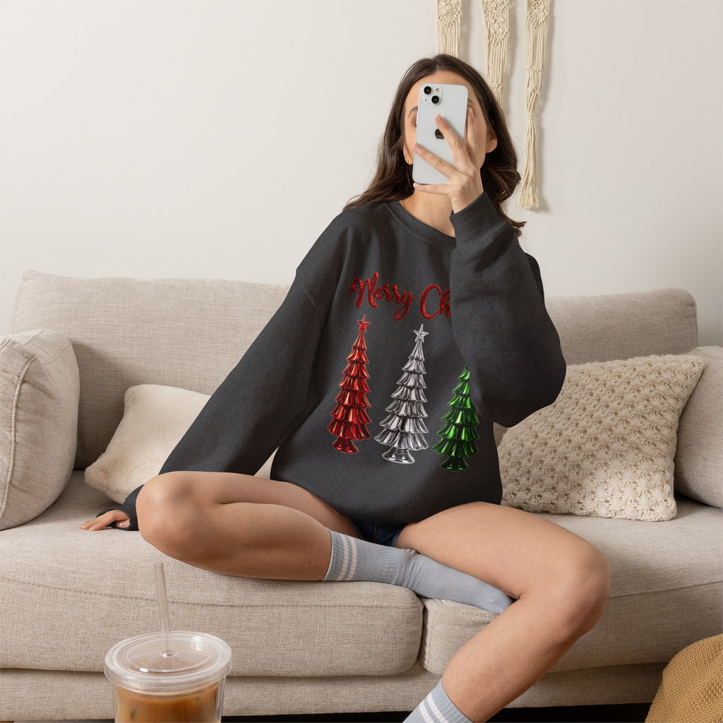 Merry Christmas Sweatshirt, Three Christmas Trees Shirt, Metallic Trees Sweater, Forest Green Christmas Crewneck, Holiday Gift for Her