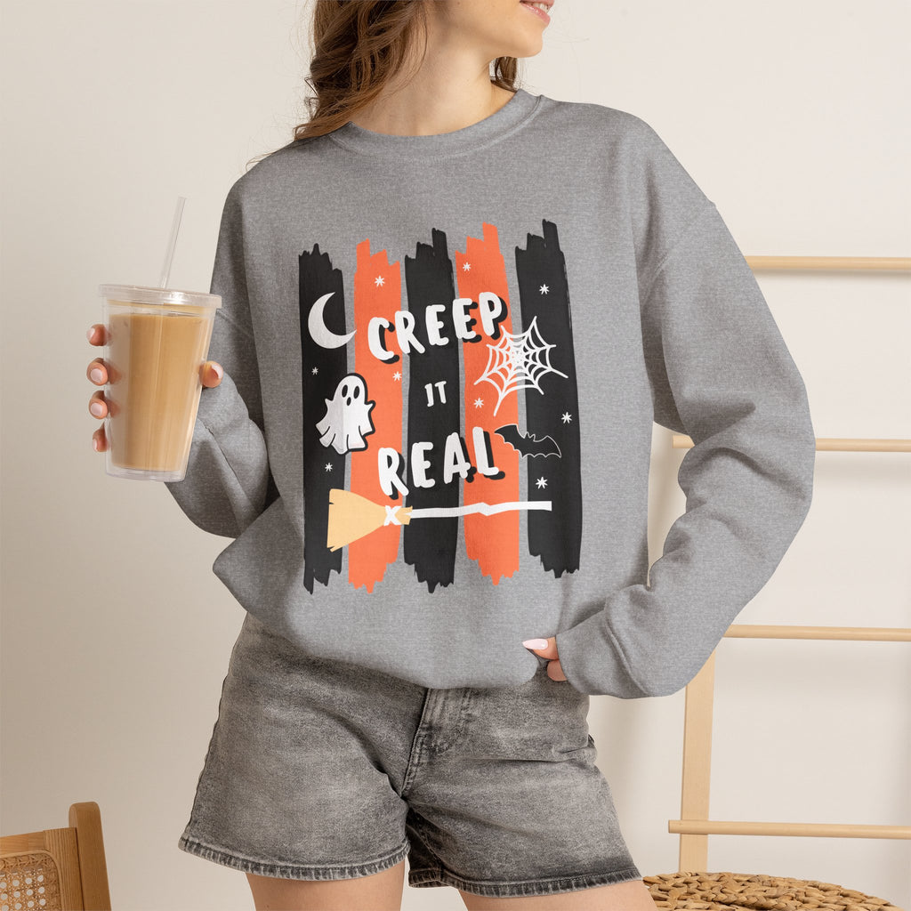 Creep It Real Halloween Sweatshirt, Funny Ghost Bat Spiderweb Crewneck, Orange Black Stripe Halloween Shirt, Cute Fall Pullover Women Gift