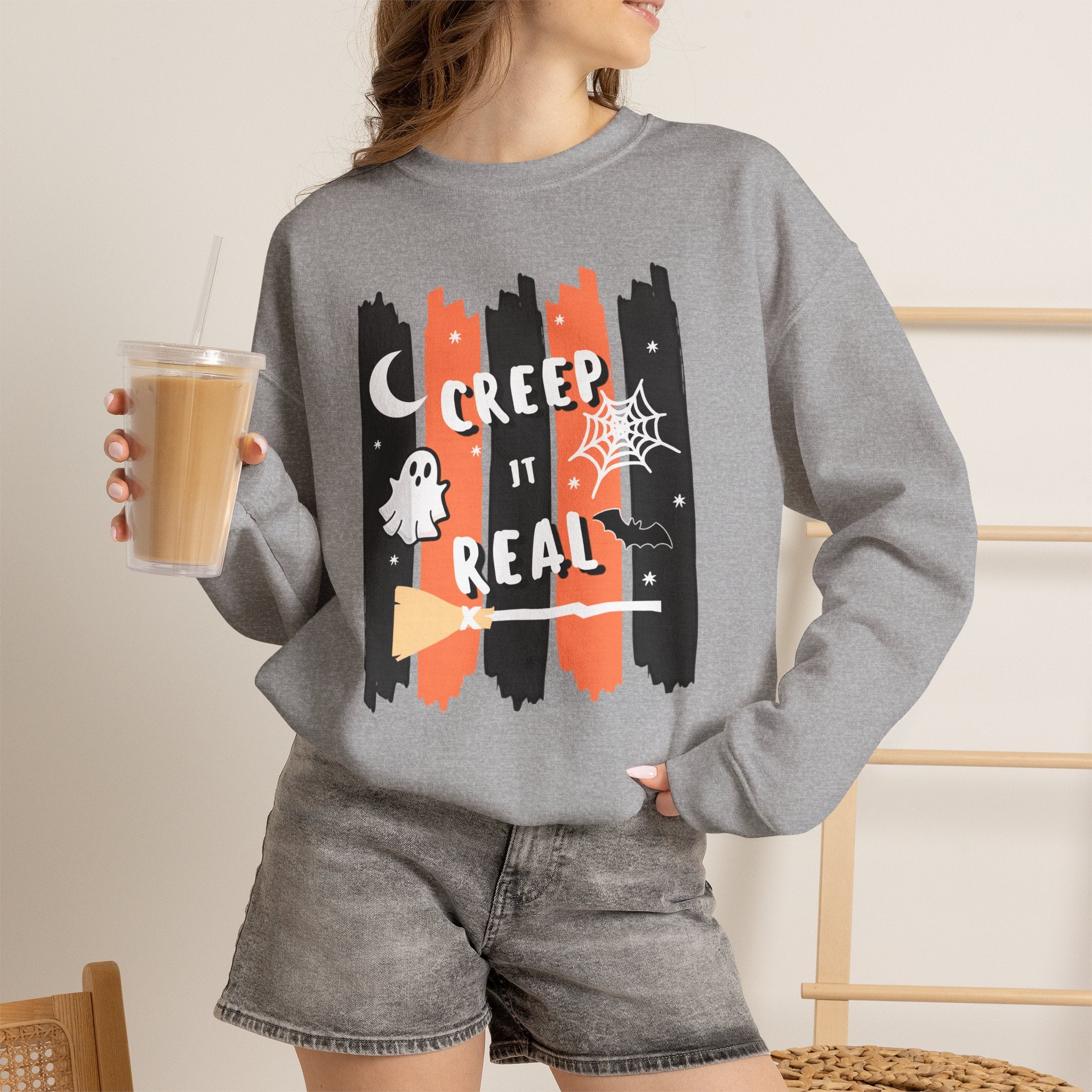 Creep It Real Halloween Sweatshirt, Funny Ghost Bat Spiderweb Crewneck, Orange Black Stripe Halloween Shirt, Cute Fall Pullover Women Gift
