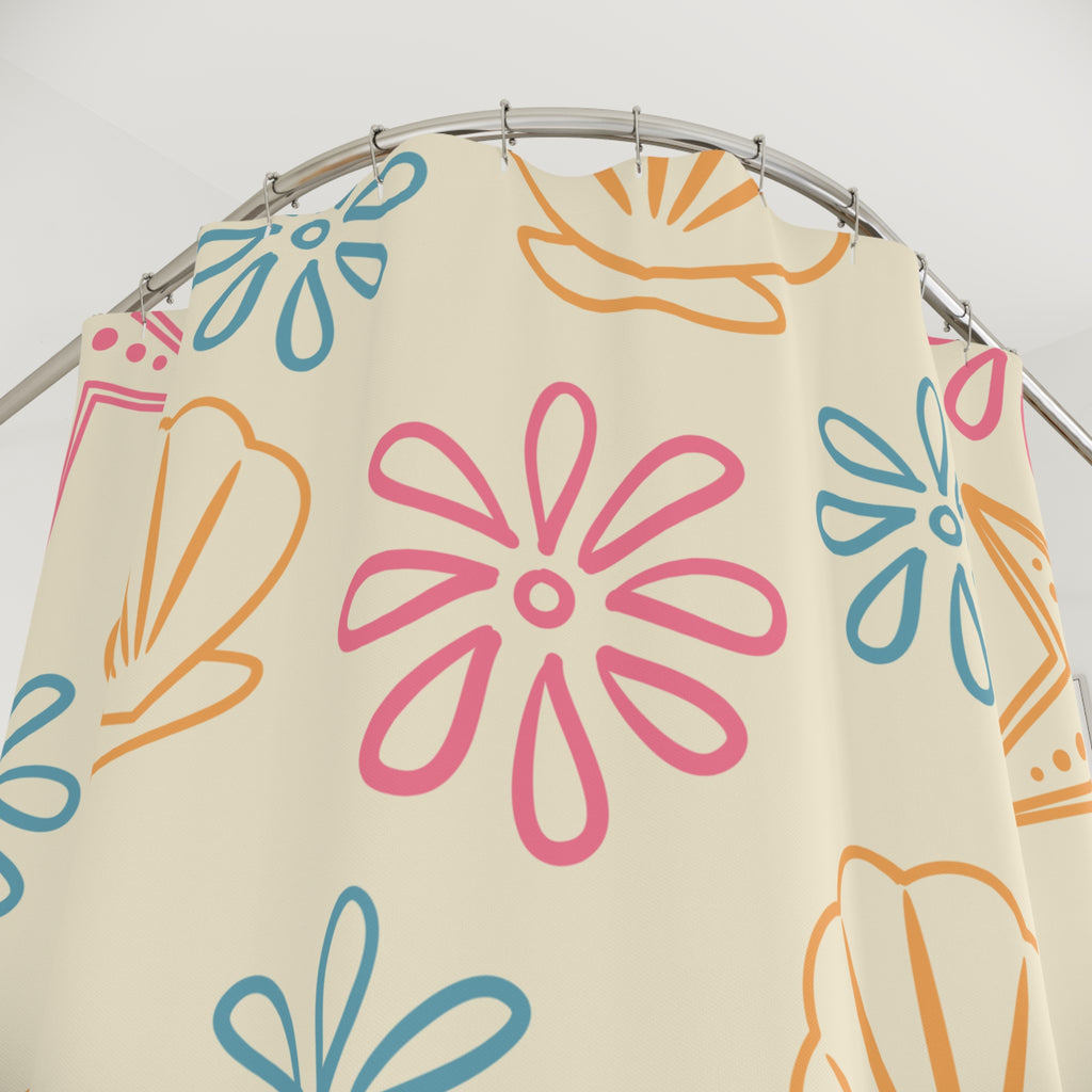 Beach Shells Shower Curtain — Coastal Starfish & Seashell Pattern, Pastel Nautical Bathroom Decor
