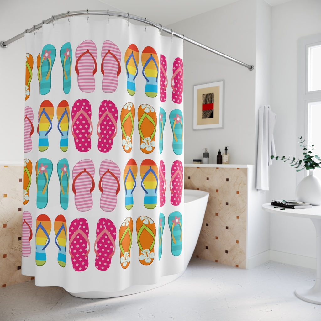Colorful Flip Flops Pattern Shower Curtain | Beach Summer Bath Decor, Beach Vacation House Bathroom Deco, Lake House Deco, New House Gift