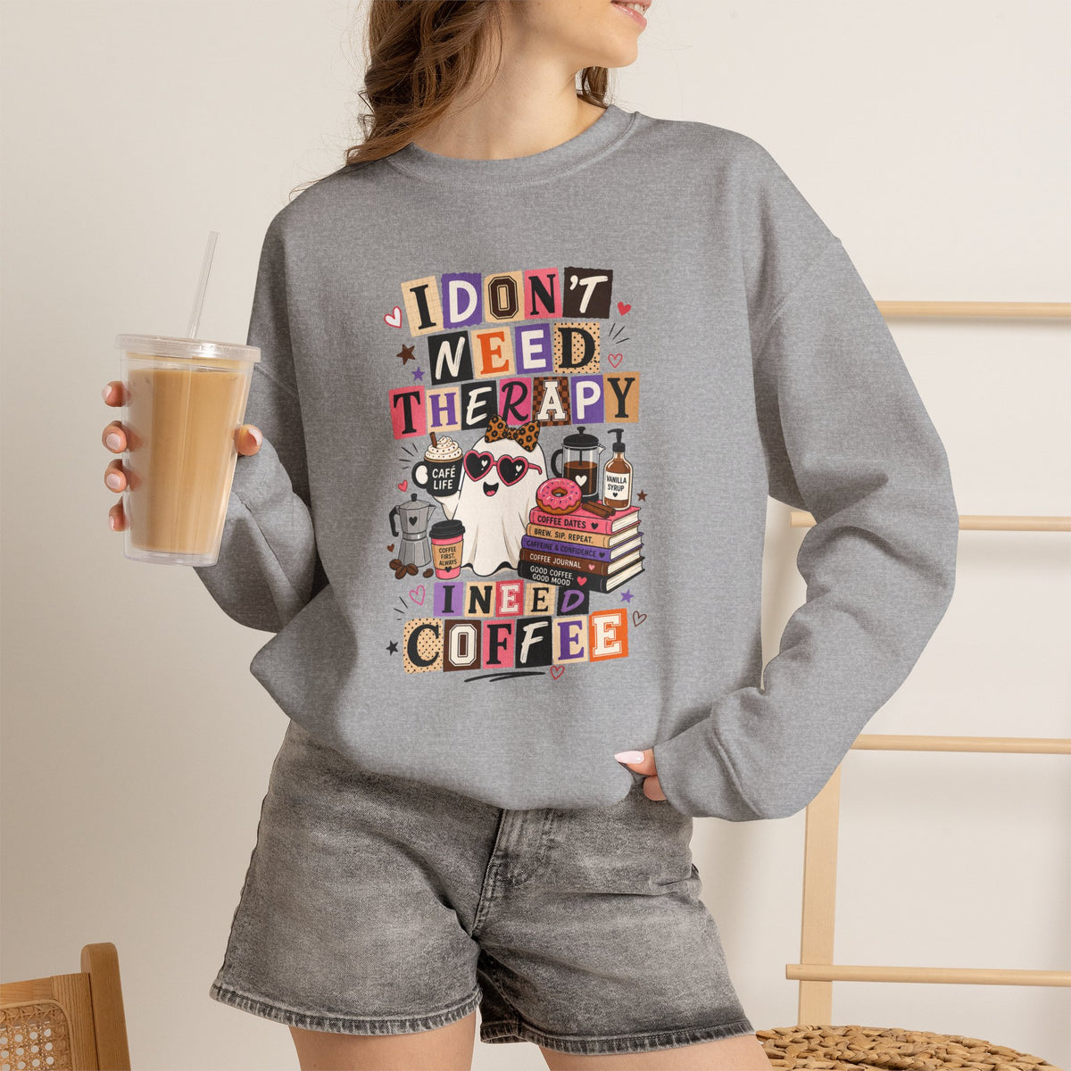 I Don't Need Therapy I Need Coffee Shirt, Funny Ghost Coffee Lover Tee, Halloween Coffee Shirt, Cute Spooky Season Graphic Tee Gift