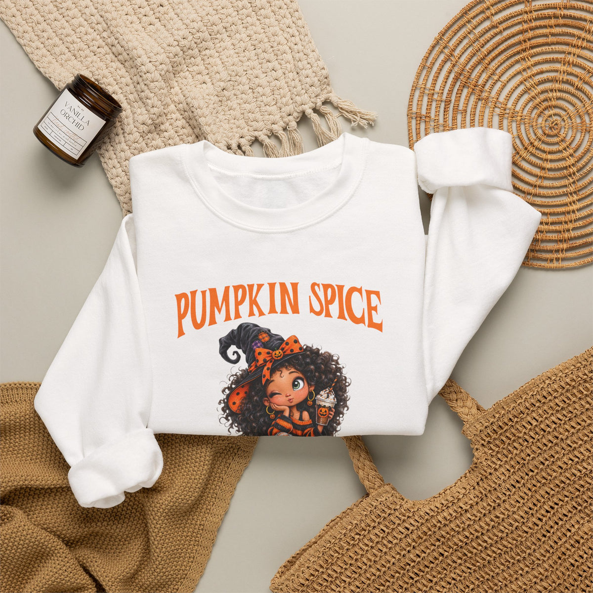 Pumpkin Spice and Everything Nice Sweatshirt, Curly Hair Girl Fall Crewneck, Halloween Pumpkin Sweater, Autumn Coffee Fall Shirt Gift