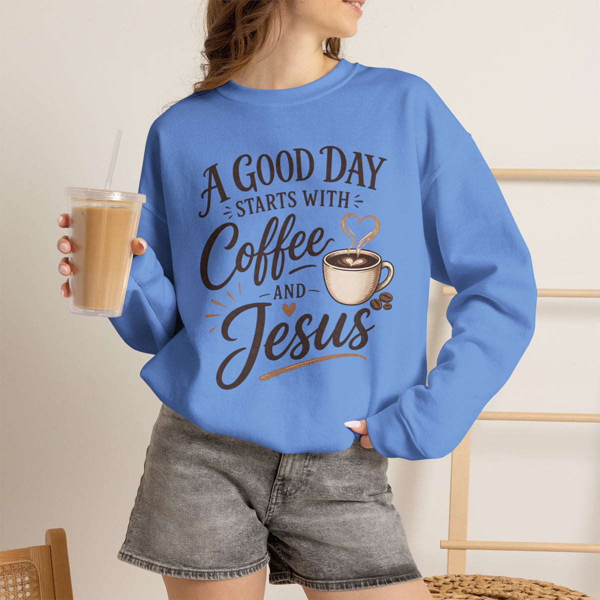 A Good Day Starts with Coffee and Jesus Shirt, Christian Coffee Sweatshirt, Faith Based Top, Religious Coffee Lover Gift, Women's Christian