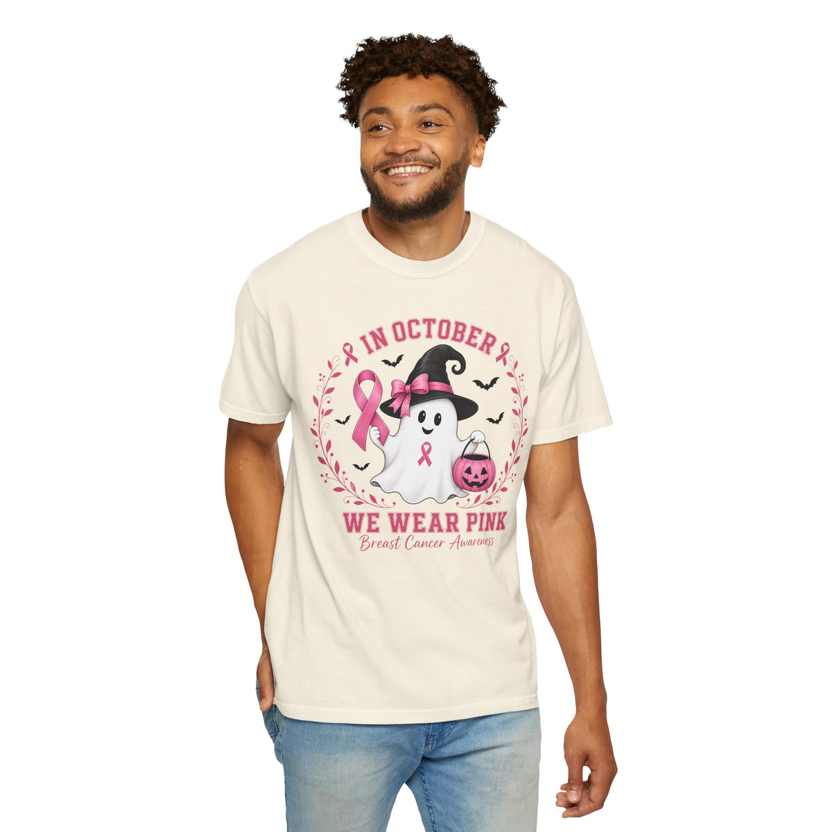 In October We Wear Pink Shirt, Breast Cancer Awareness Ghost Tee, Halloween Pink Ribbon Shirt, Cute Ghost Pumpkin Support Survivor Gift