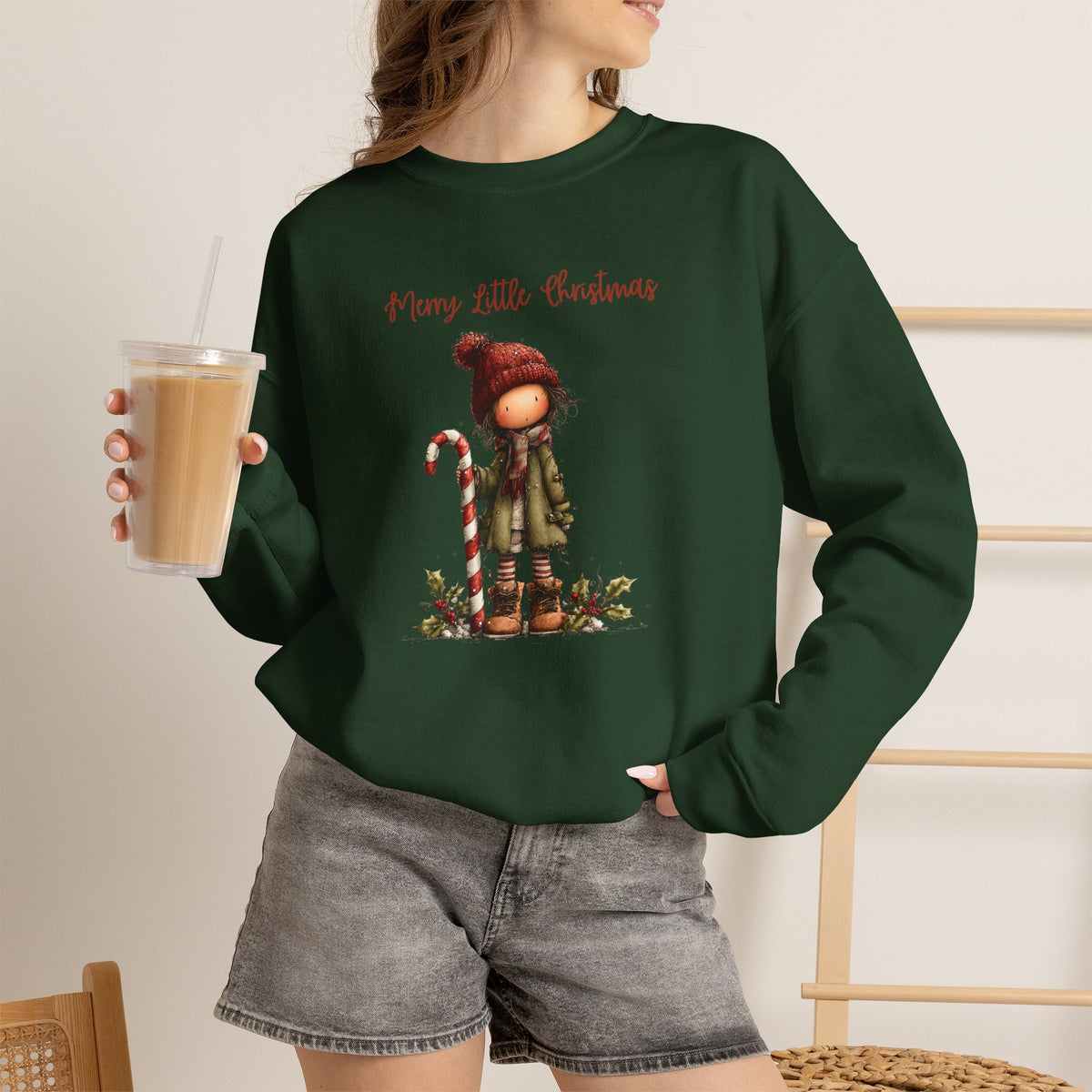 Merry Little Christmas Sweatshirt, Whimsical Girl Candy Cane Shirt, Cute Holiday Crewneck, Christmas Girl Tee, Xmas Gift Sweatshirt for Her