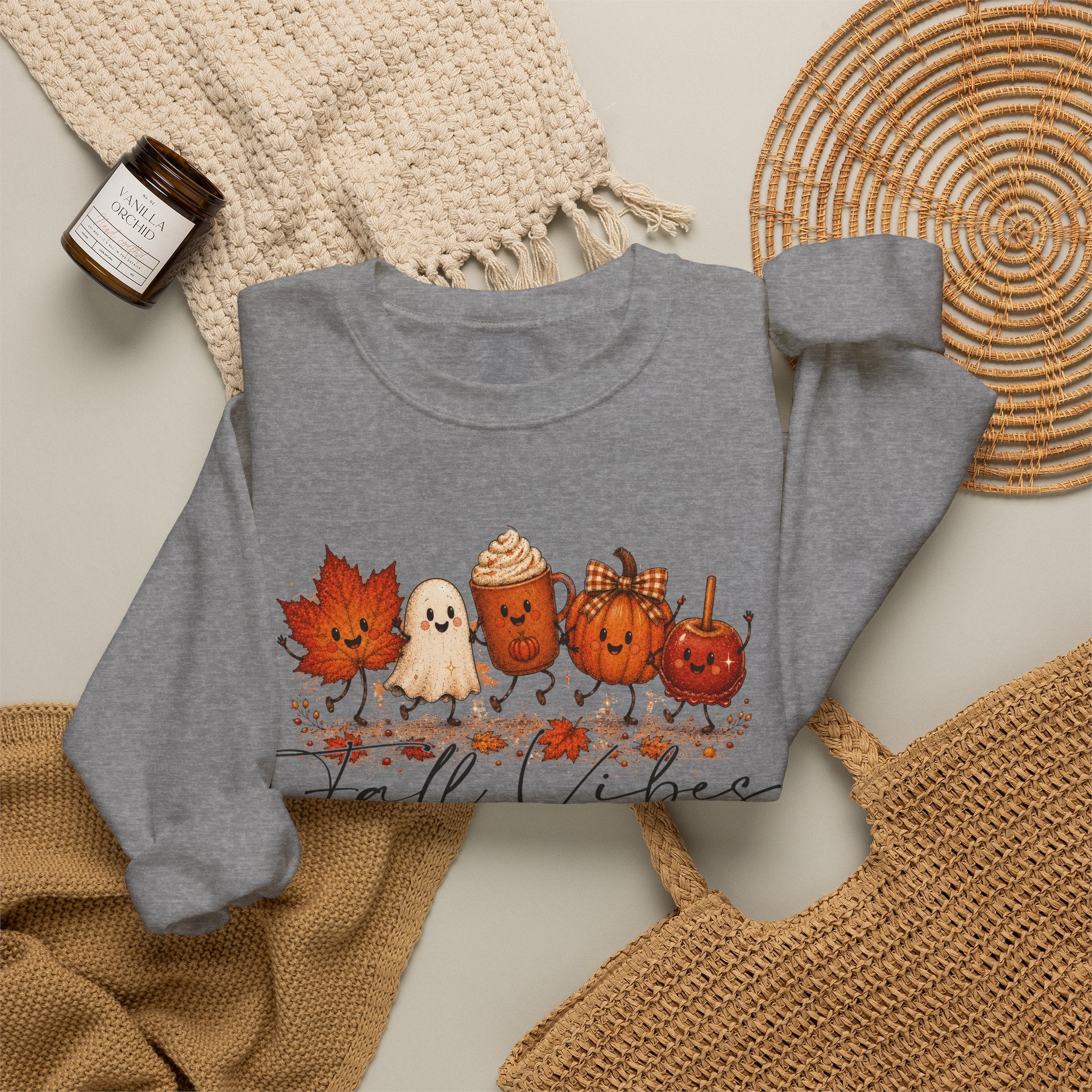 Fall Vibes Sweatshirt, Cute Autumn Characters Crewneck, Pumpkin Spice Latte Ghost Leaf Sweater, Kawaii Fall Shirt, Halloween Autumn Top
