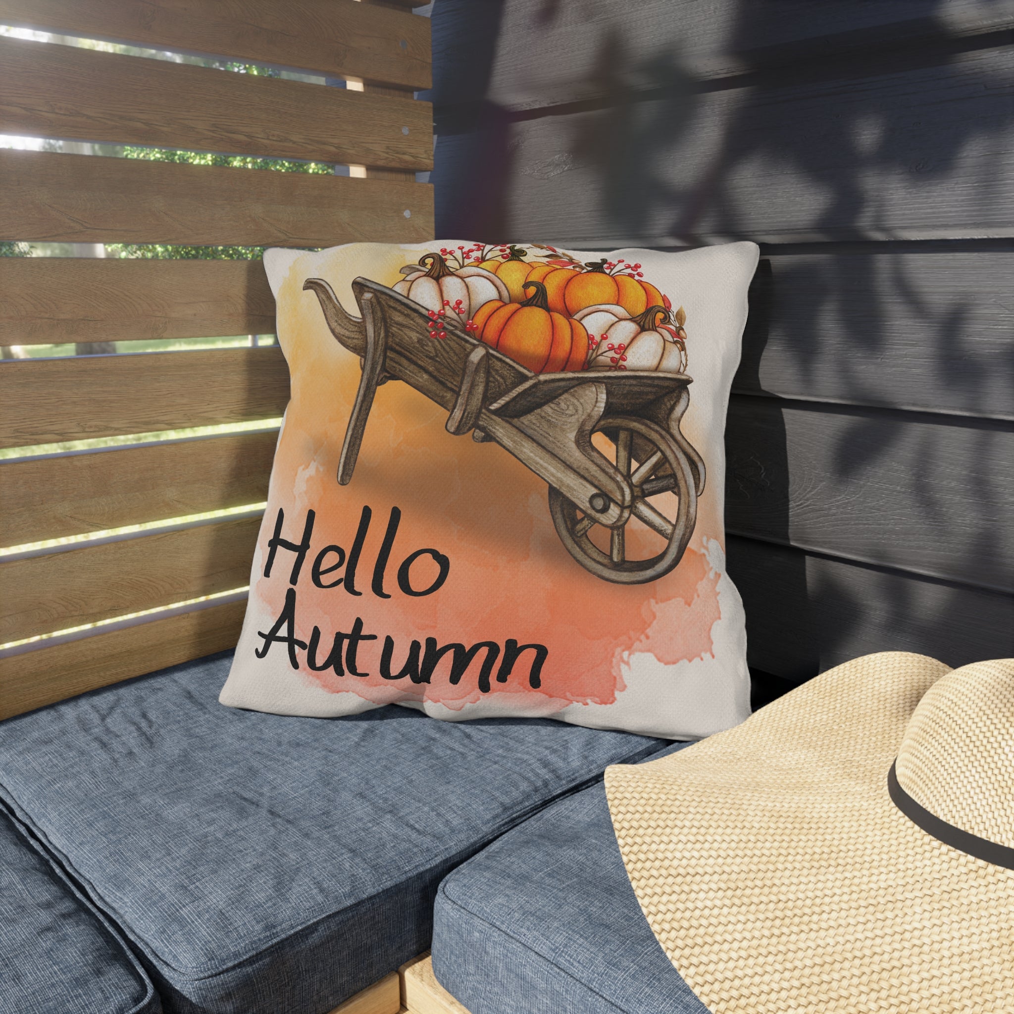 Hello Autumn Pillow Cover Pumpkin Wheelbarrow Fall Throw Pillow Watercolor Sunset Farmhouse Home Decor Thanksgiving Housewarming Gift
