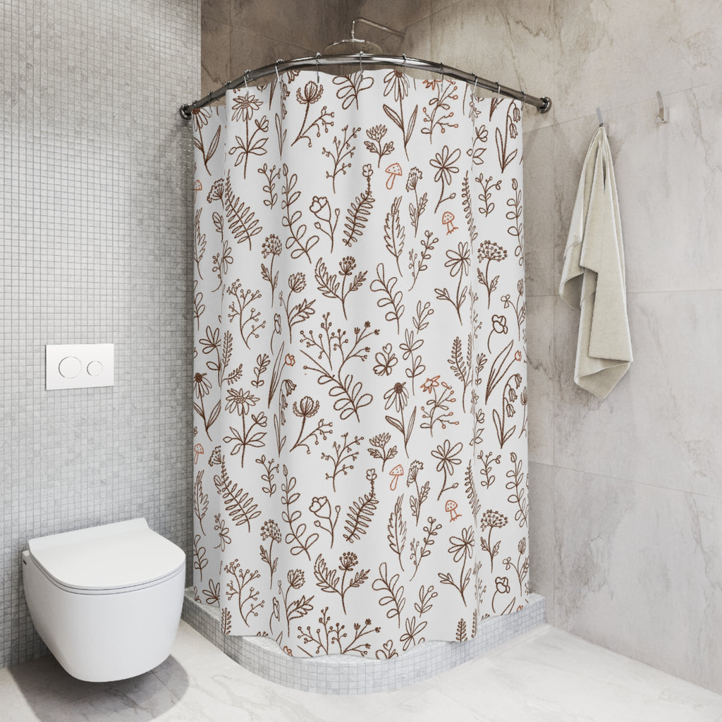 Neutral Wildflower Shower Curtain, Boho Botanical Bathroom Decor, Tan Beige Floral Print, Farmhouse Bath Curtain, Minimalist Nature Decor