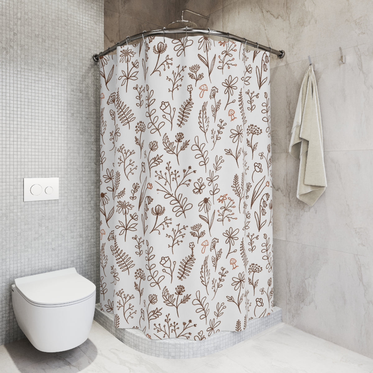 Neutral Wildflower Shower Curtain, Boho Botanical Bathroom Decor, Tan Beige Floral Print, Farmhouse Bath Curtain, Minimalist Nature Decor