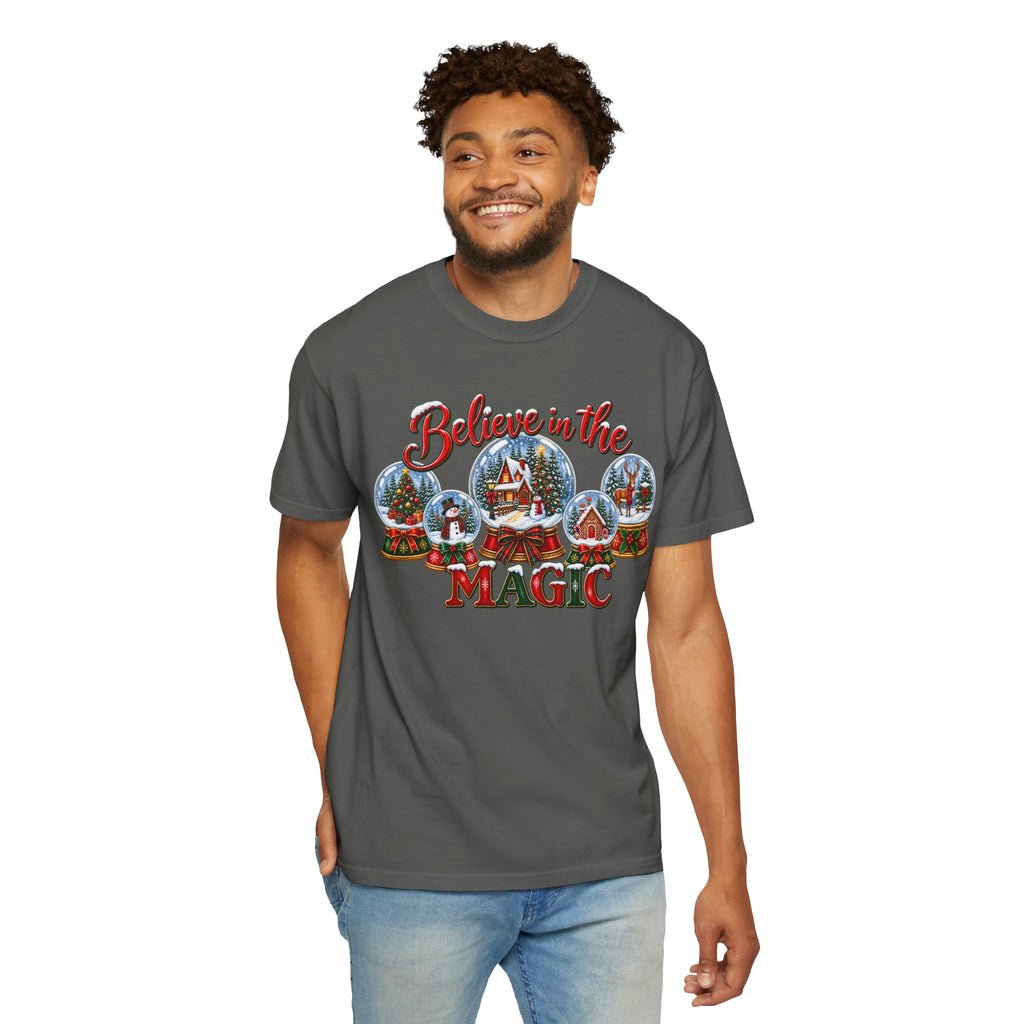 Comfort Colors Believe in the Magic Snow Globe Christmas T-shirt | Holiday Santa Village Design