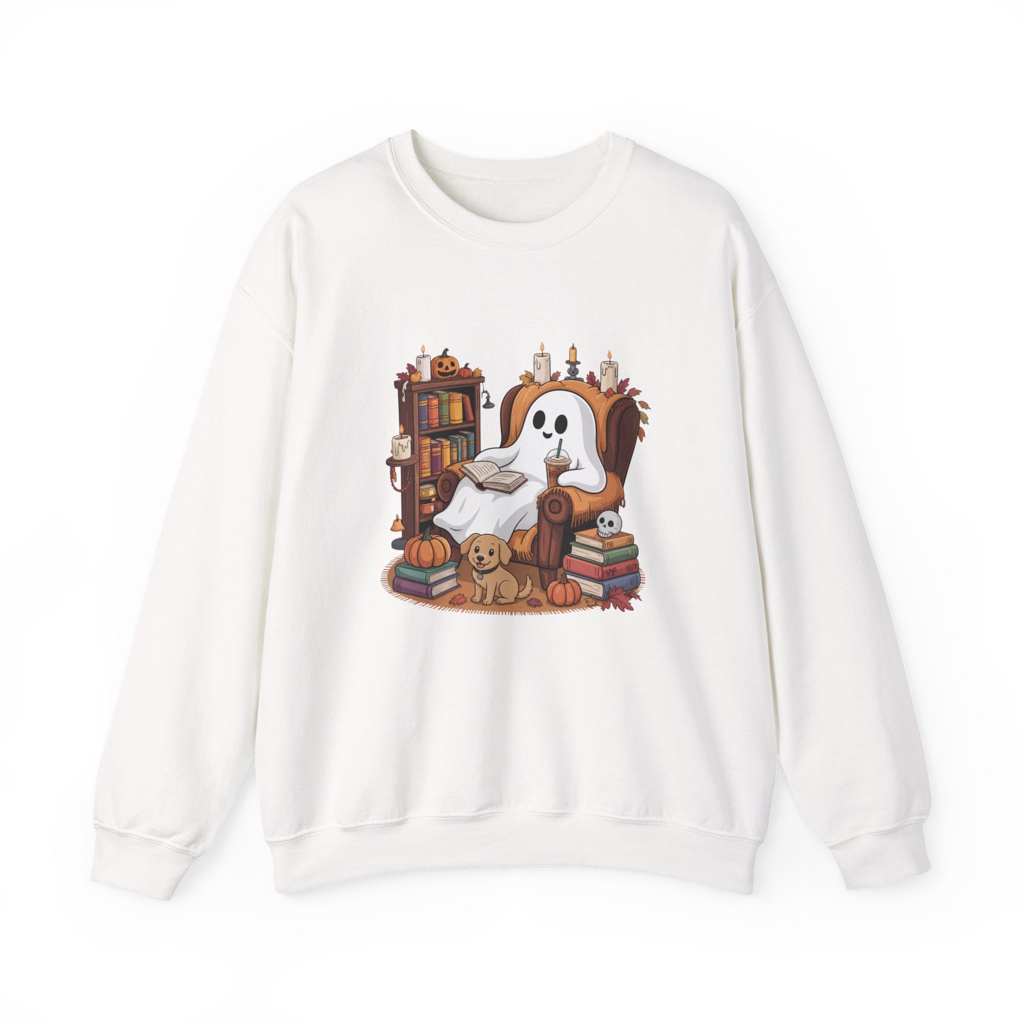 Cute Ghost Reading Books Sweatshirt, Cozy Fall Halloween Sweater, Ghost with Dog Pumpkins Shirt, Autumn Library Halloween Crewneck Gift