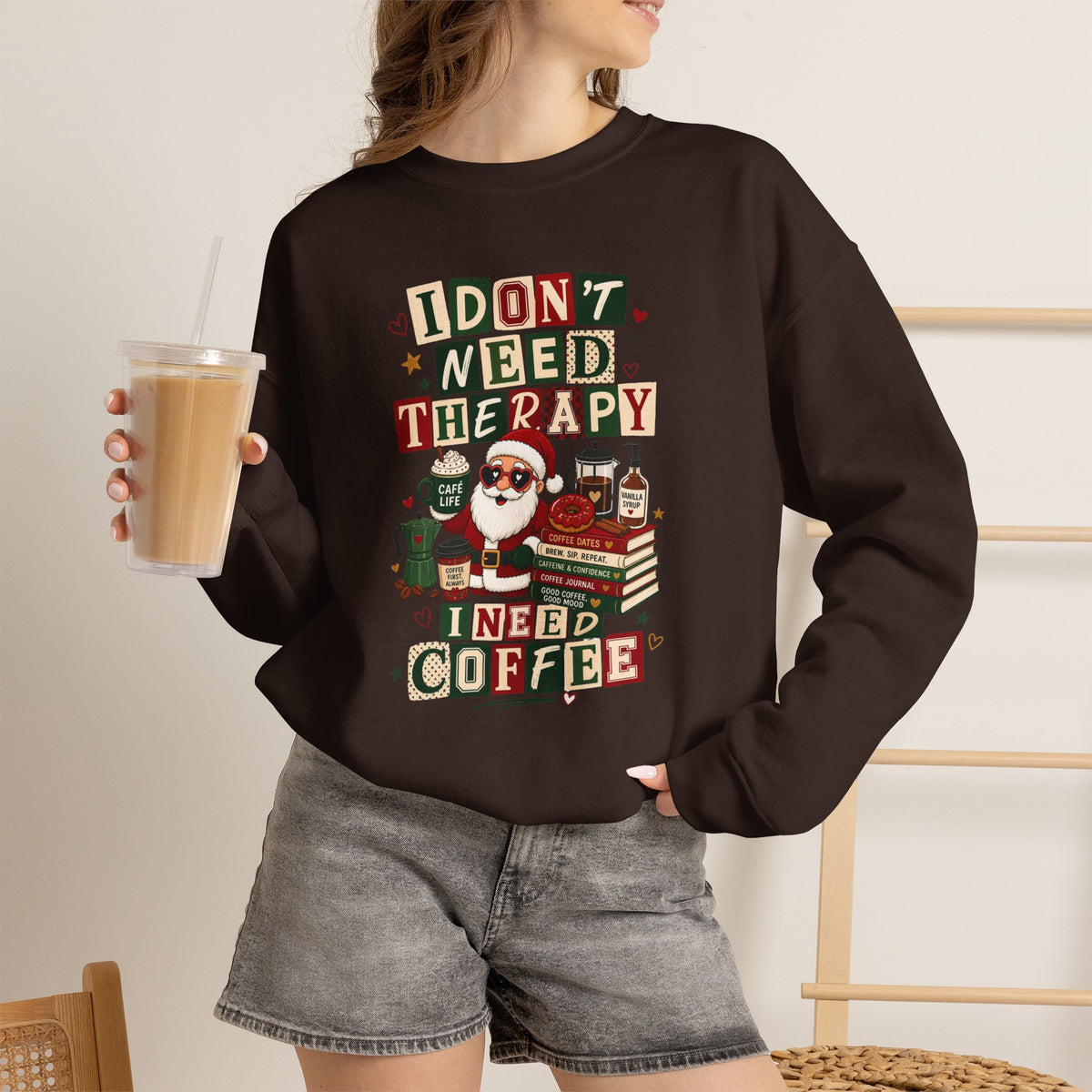 Christmas Sweatshirt I Don't Need Therapy I Need Coffee Funny Santa Coffee Lover Shirt Xmas Plaid Retro Holiday Gift for Women