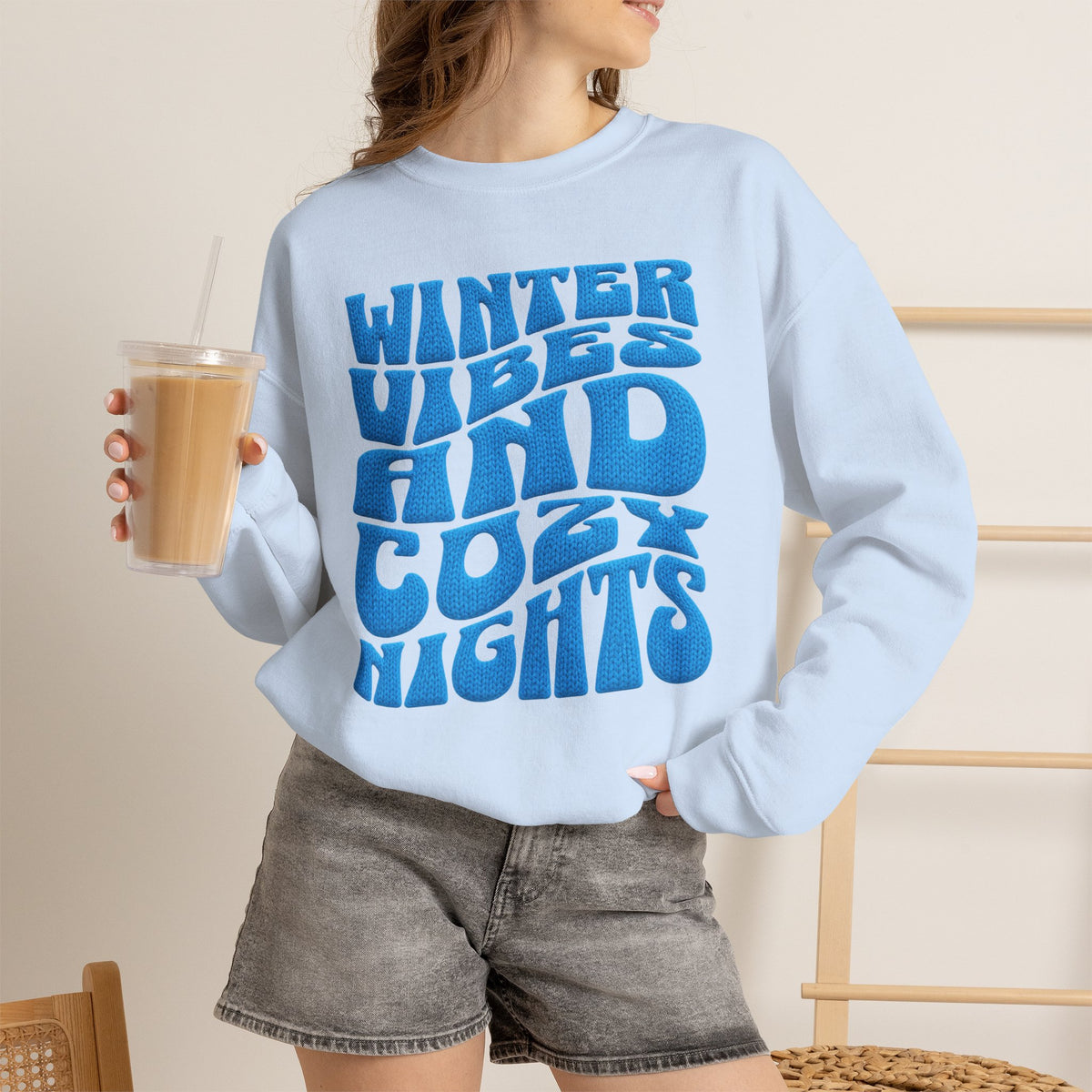 Winter Vibes And Cozy Nights Sweatshirt, Retro Wavy Bubble Letter Sweatshirt, Winter Quote Crewneck, Cozy Season Sweater, Trendy Winter Top